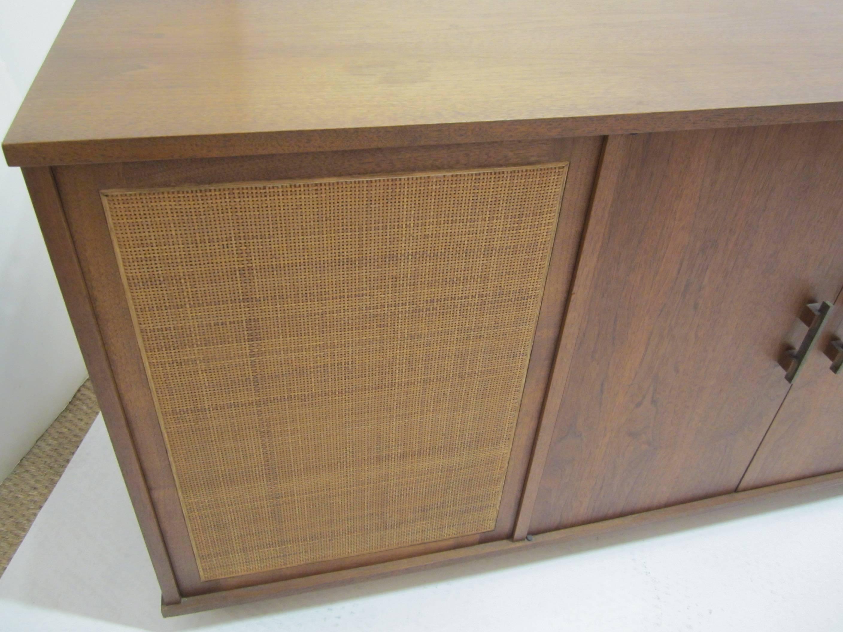 Mid-20th Century Teak and Cane Eight-Foot Media Console Credenza 