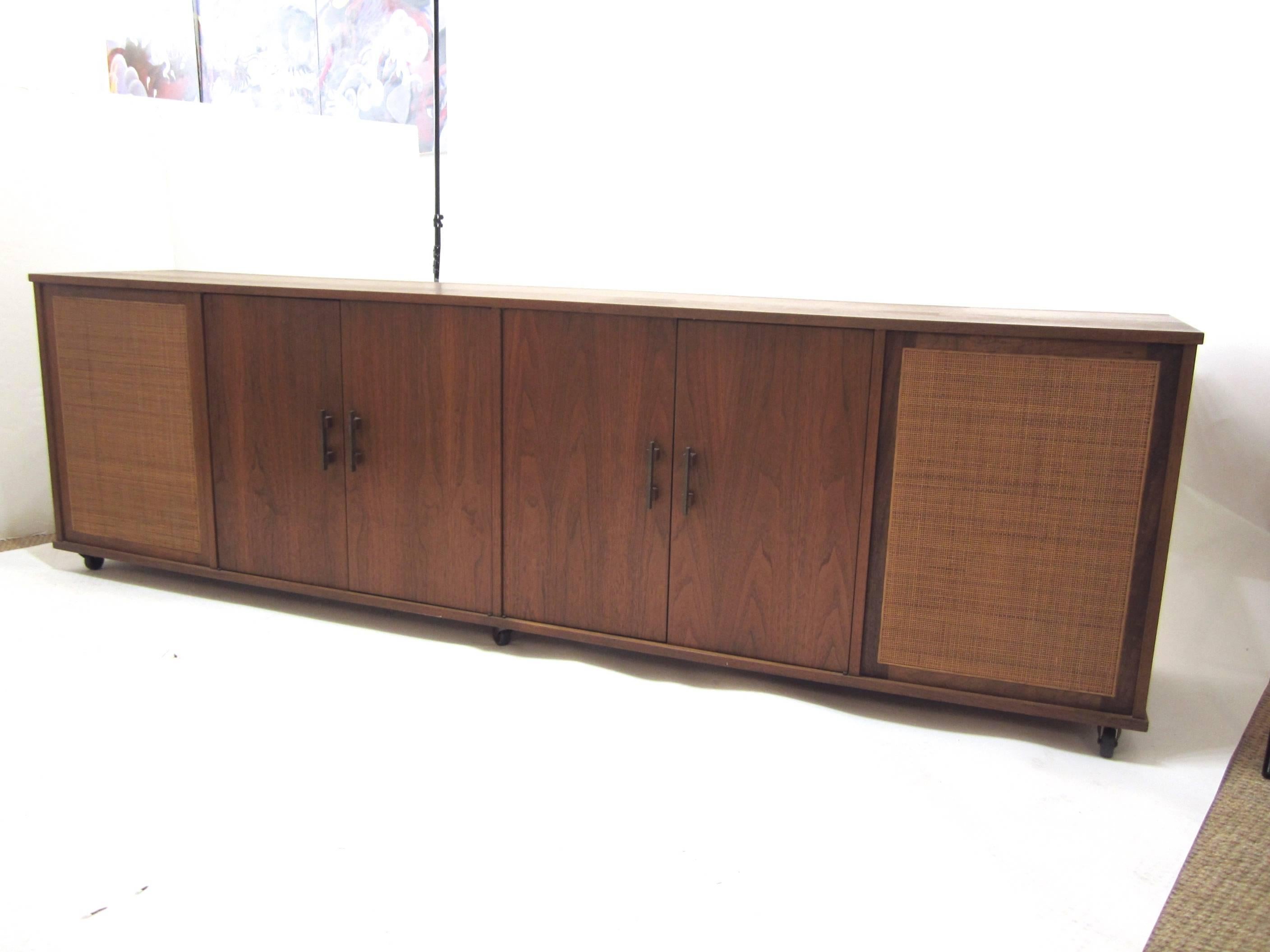 Teak and Cane Eight-Foot Media Console Credenza  1