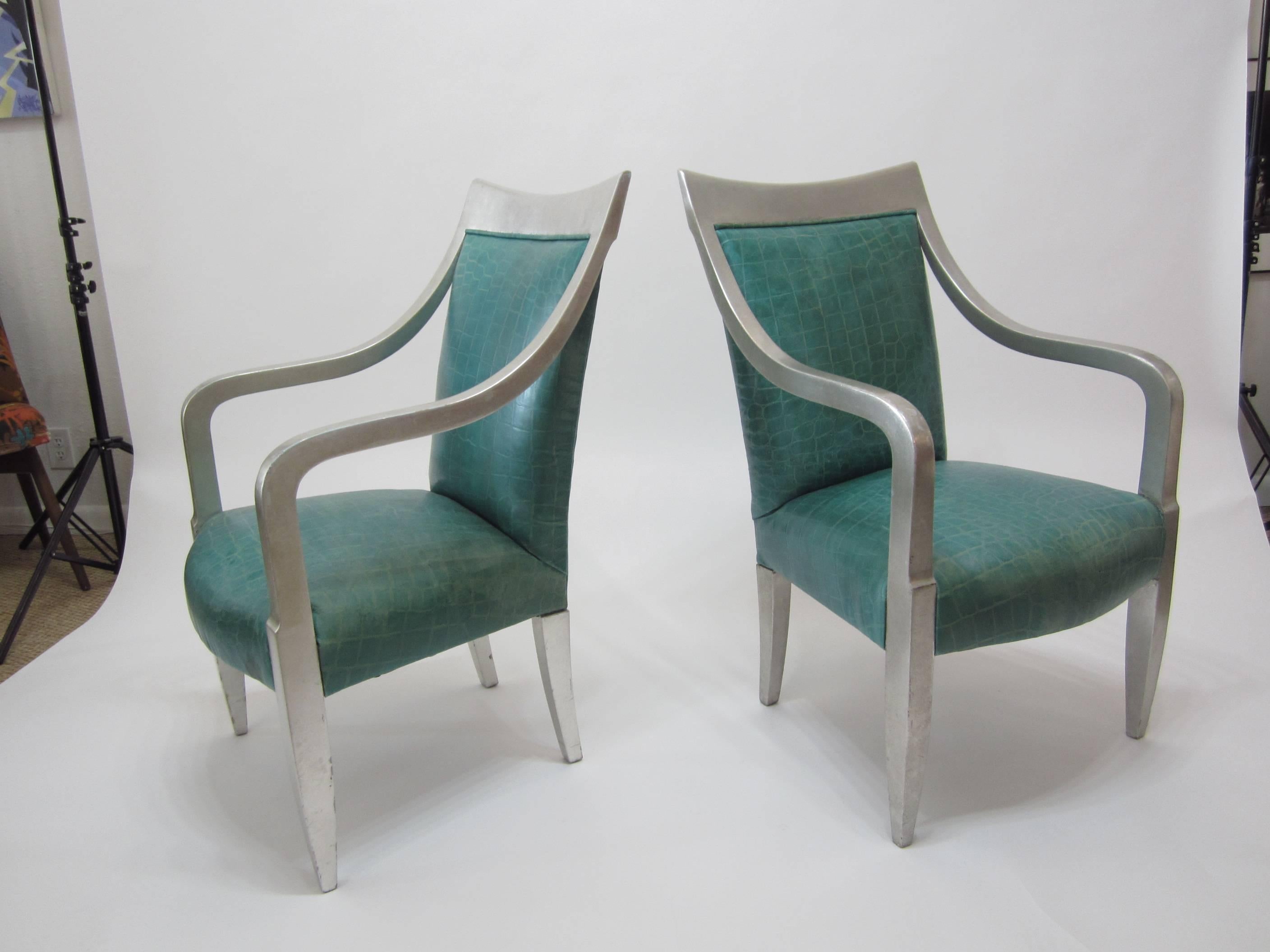 Italian Pair of Silver Leaf Croc-Embossed Leather Armchairs by Donghia 