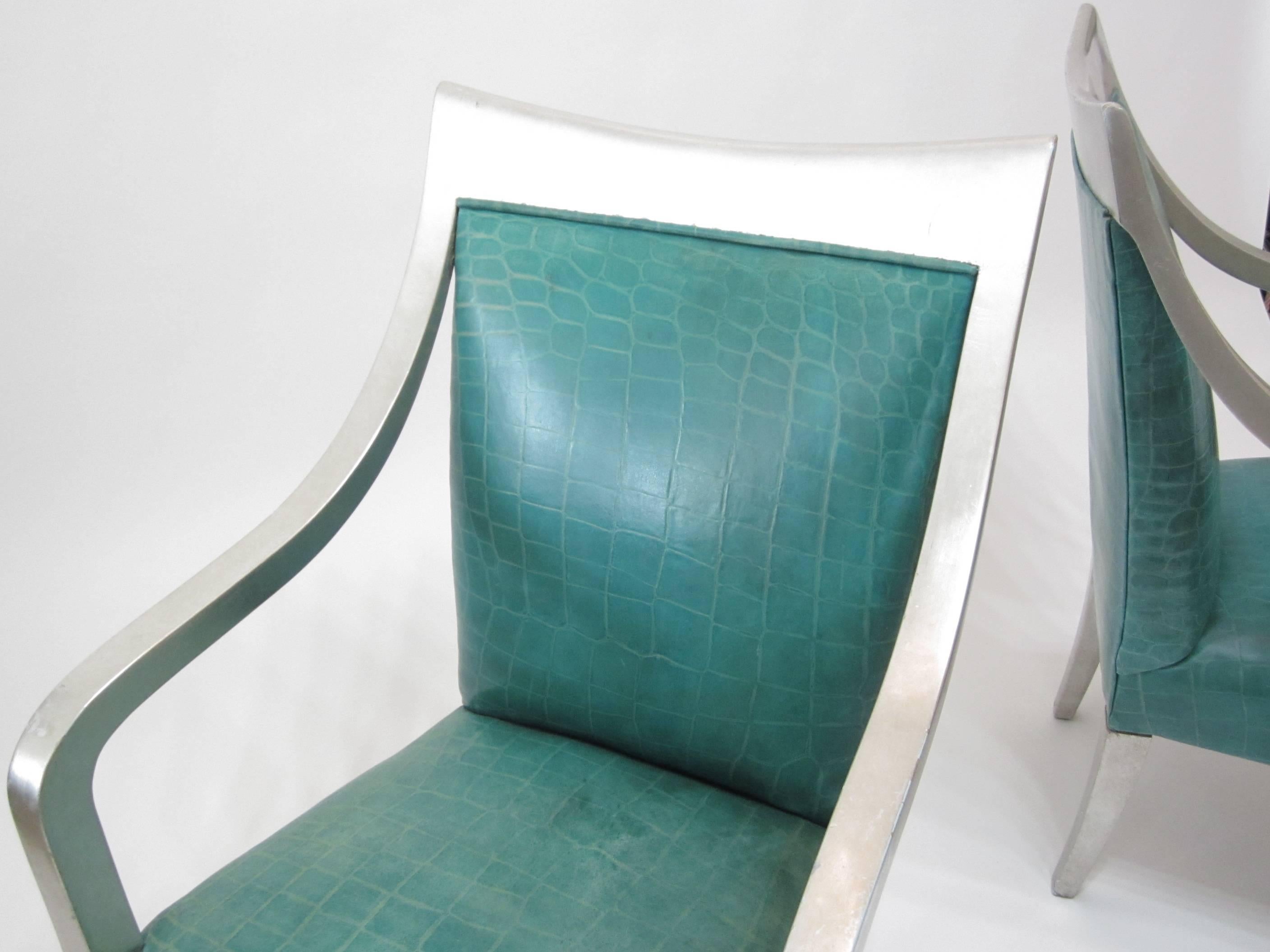 Pair of Silver Leaf Croc-Embossed Leather Armchairs by Donghia  In Good Condition In Miami, FL
