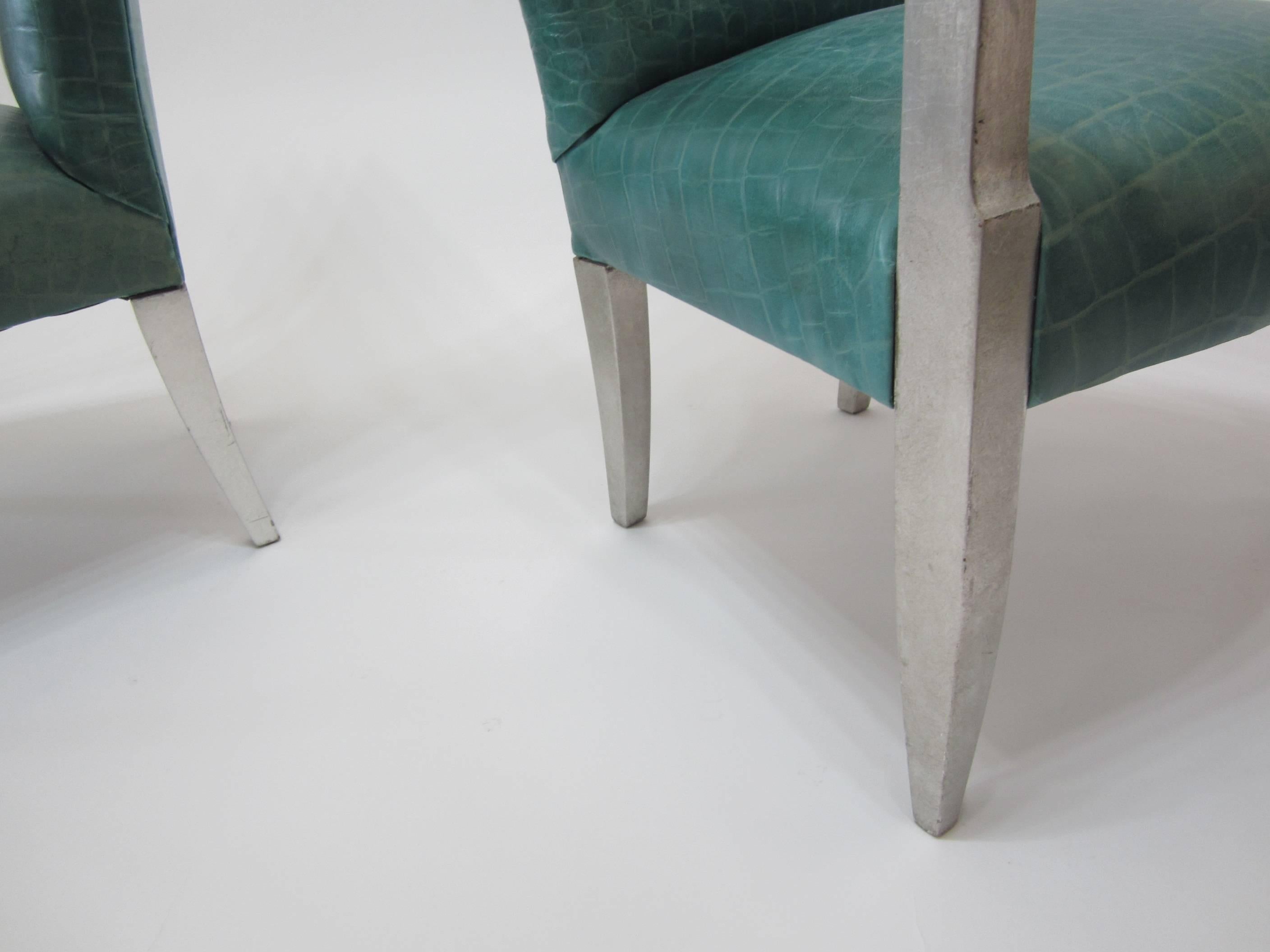 Late 20th Century Pair of Silver Leaf Croc-Embossed Leather Armchairs by Donghia 
