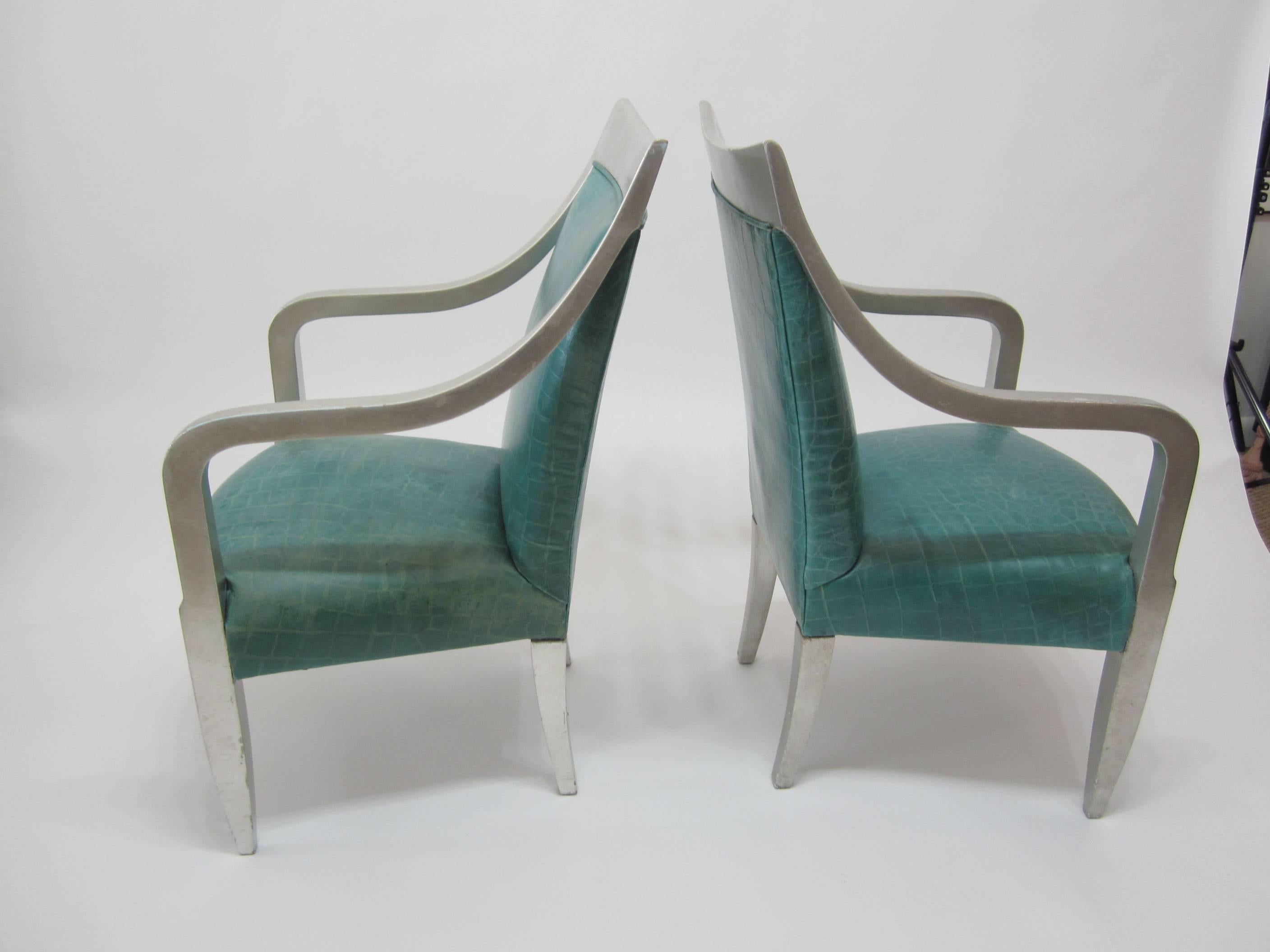 Pair of Silver Leaf Croc-Embossed Leather Armchairs by Donghia  2