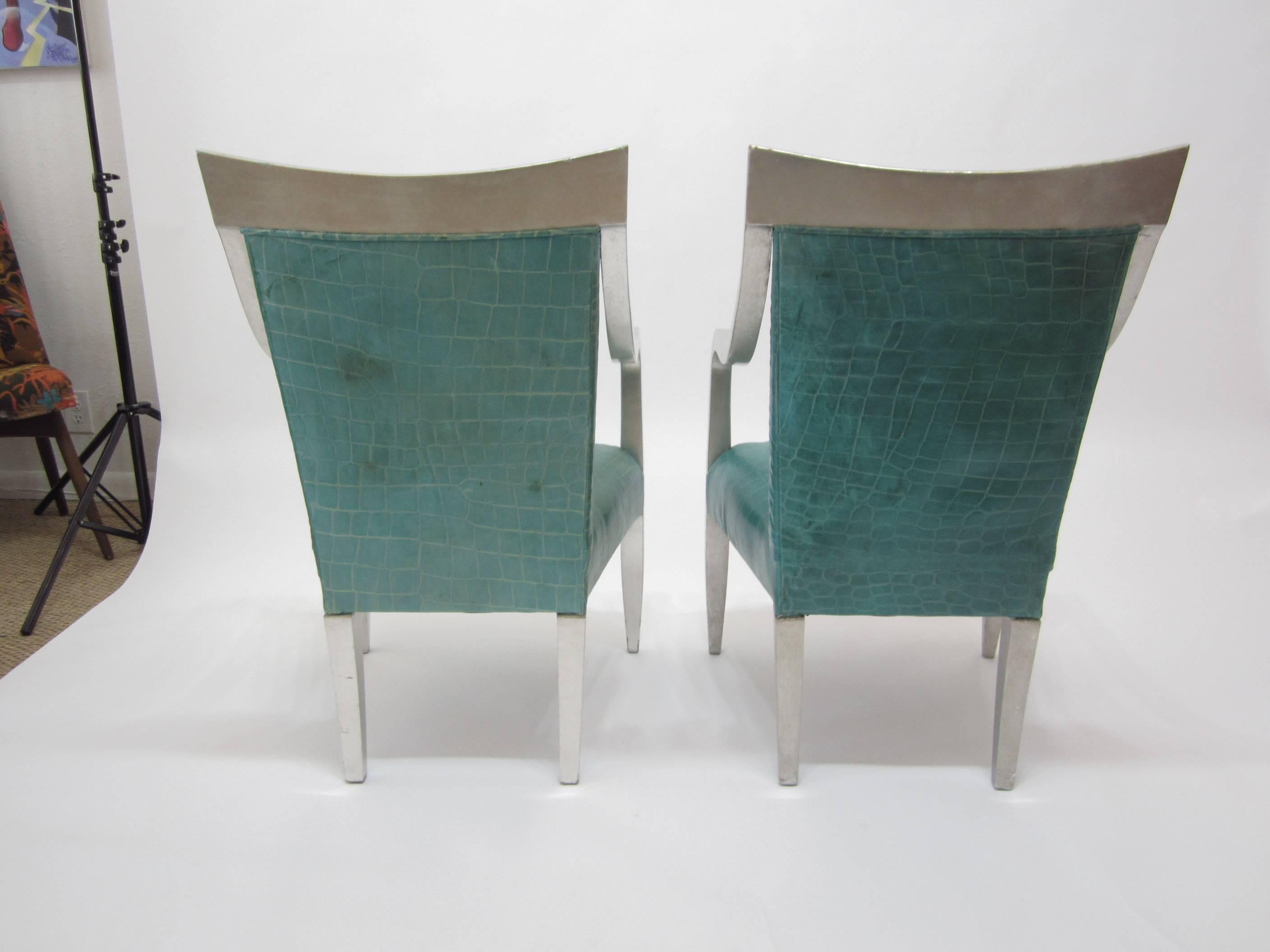 Pair of Silver Leaf Croc-Embossed Leather Armchairs by Donghia  3
