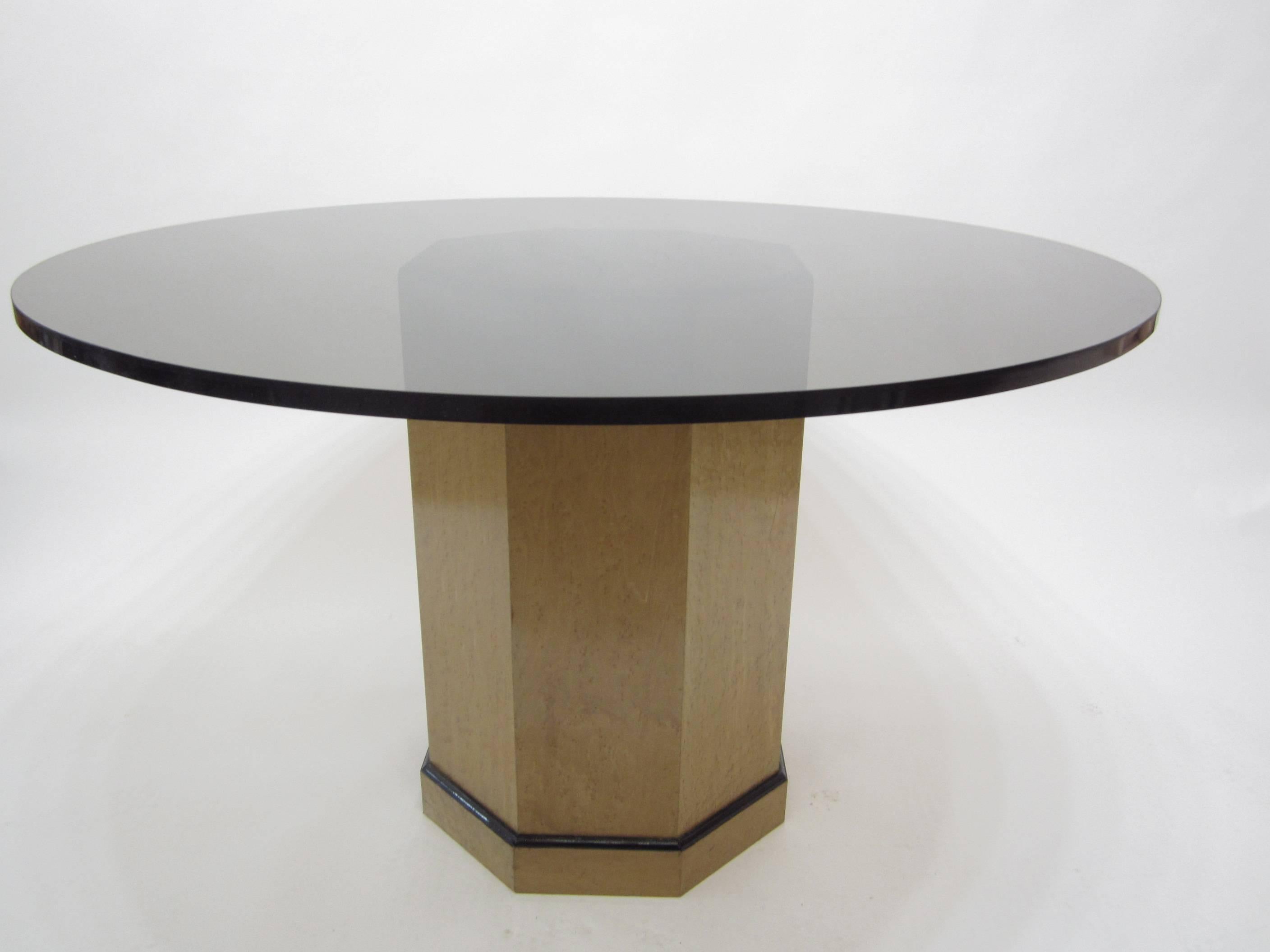 Mid-20th Century Pedestal Center Entrance Table / Dining Table, with Round Amber Glass Top