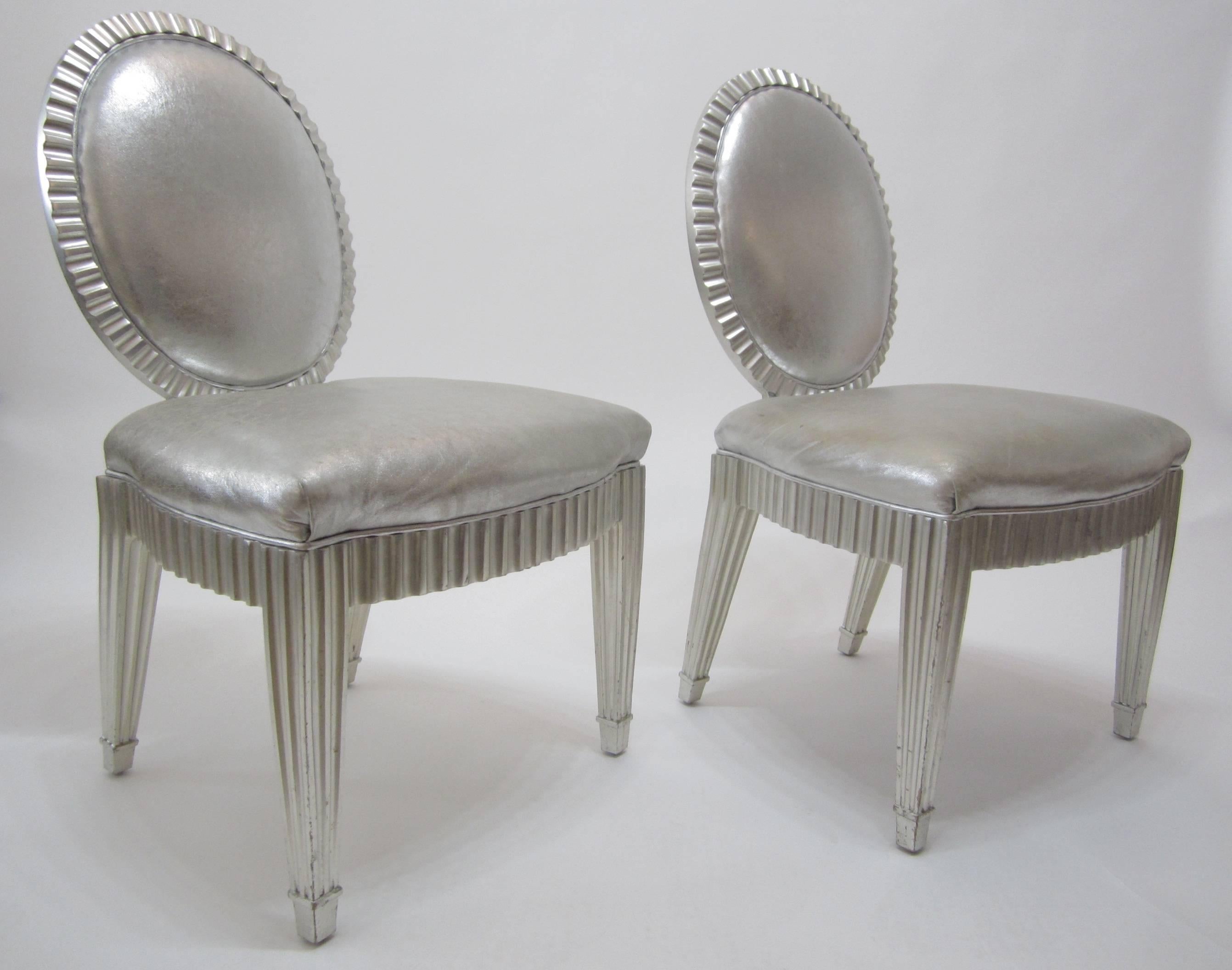 Italian Pair of Silver Leaf and Silver Metallic Leather Neoclassical Chairs by Donghia