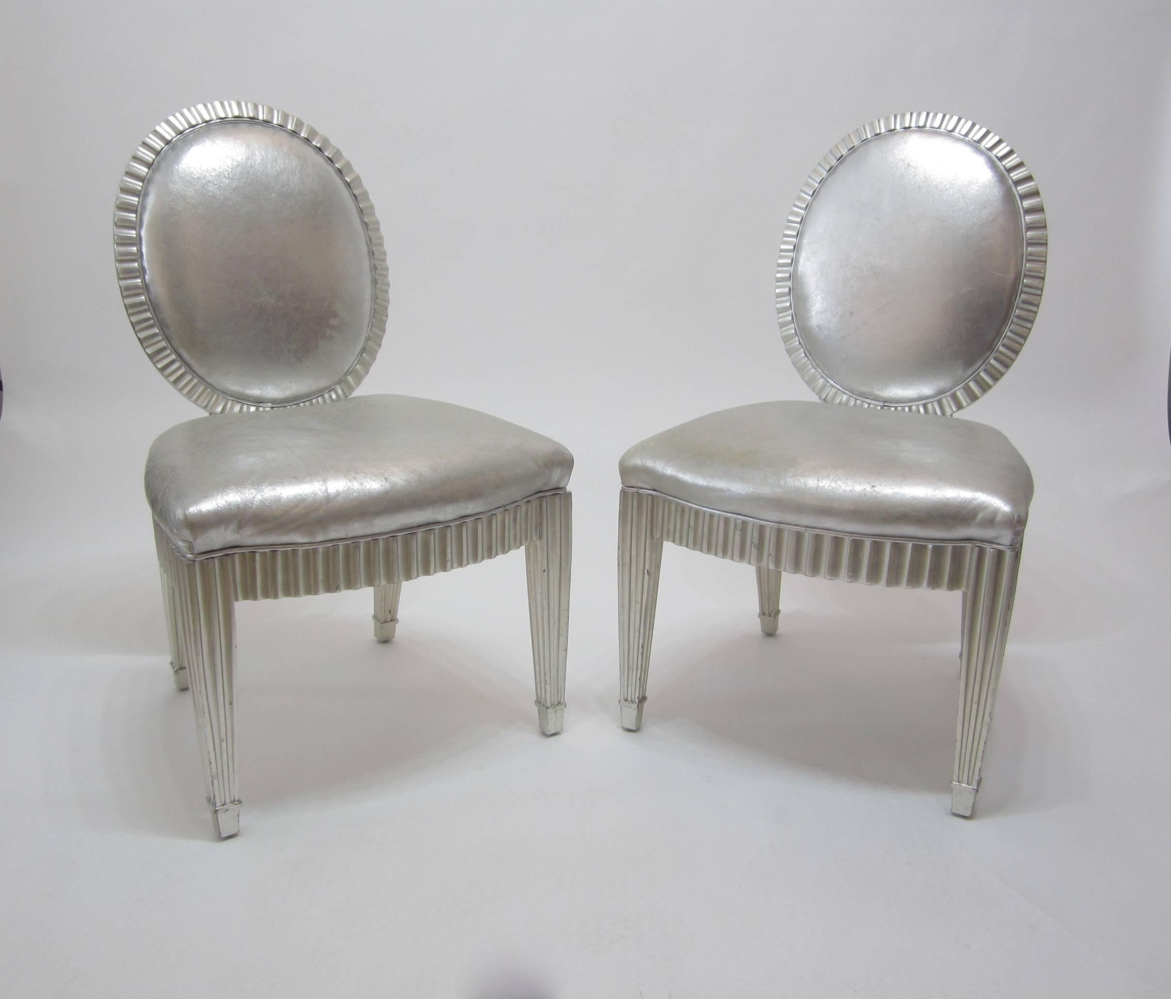 Pair of Silver Leaf and Silver Metallic Leather Neoclassical Chairs by Donghia In Good Condition In Miami, FL