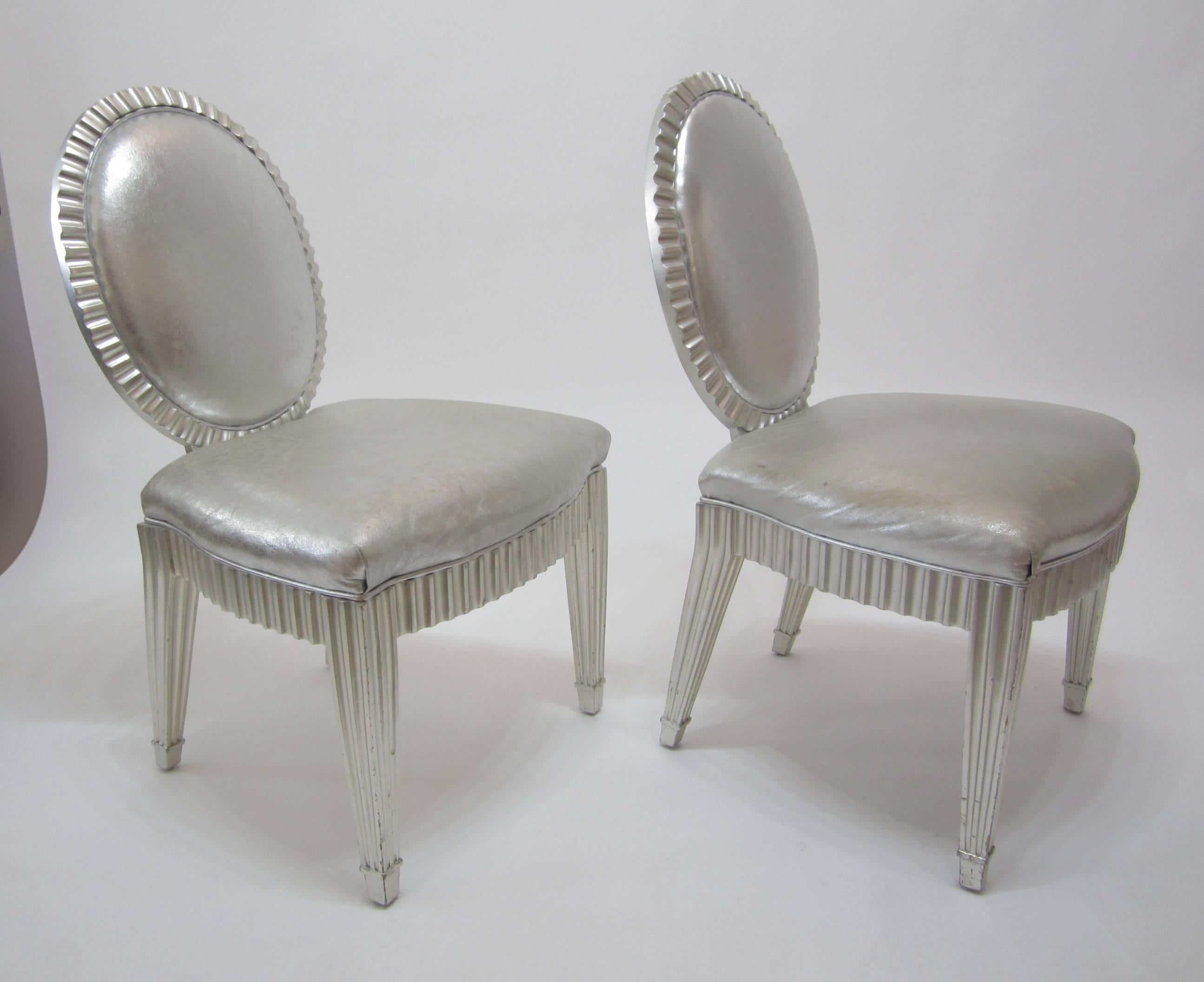 Late 20th Century Pair of Silver Leaf and Silver Metallic Leather Neoclassical Chairs by Donghia