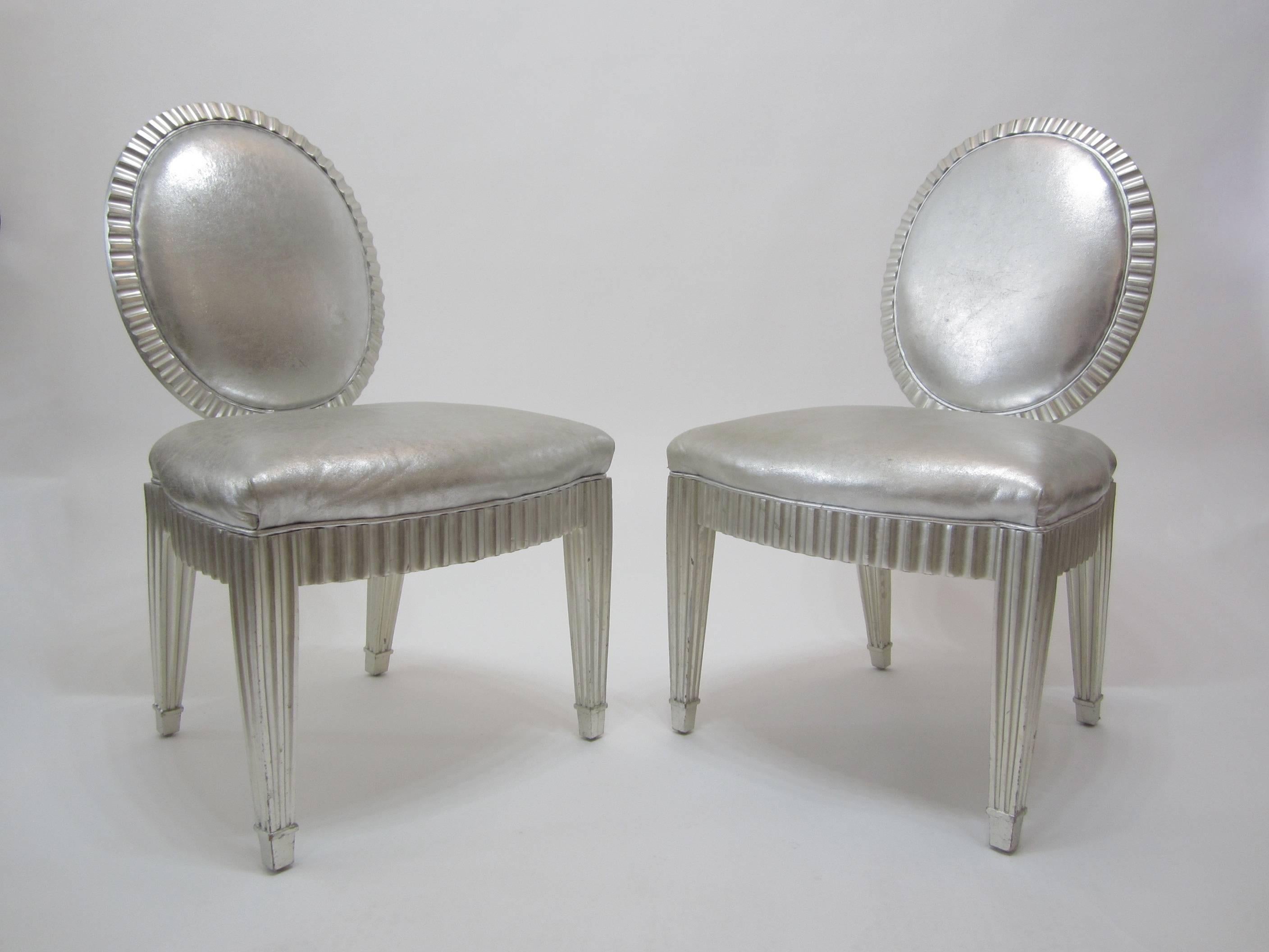 Pair of Silver Leaf and Silver Metallic Leather Neoclassical Chairs by Donghia 1