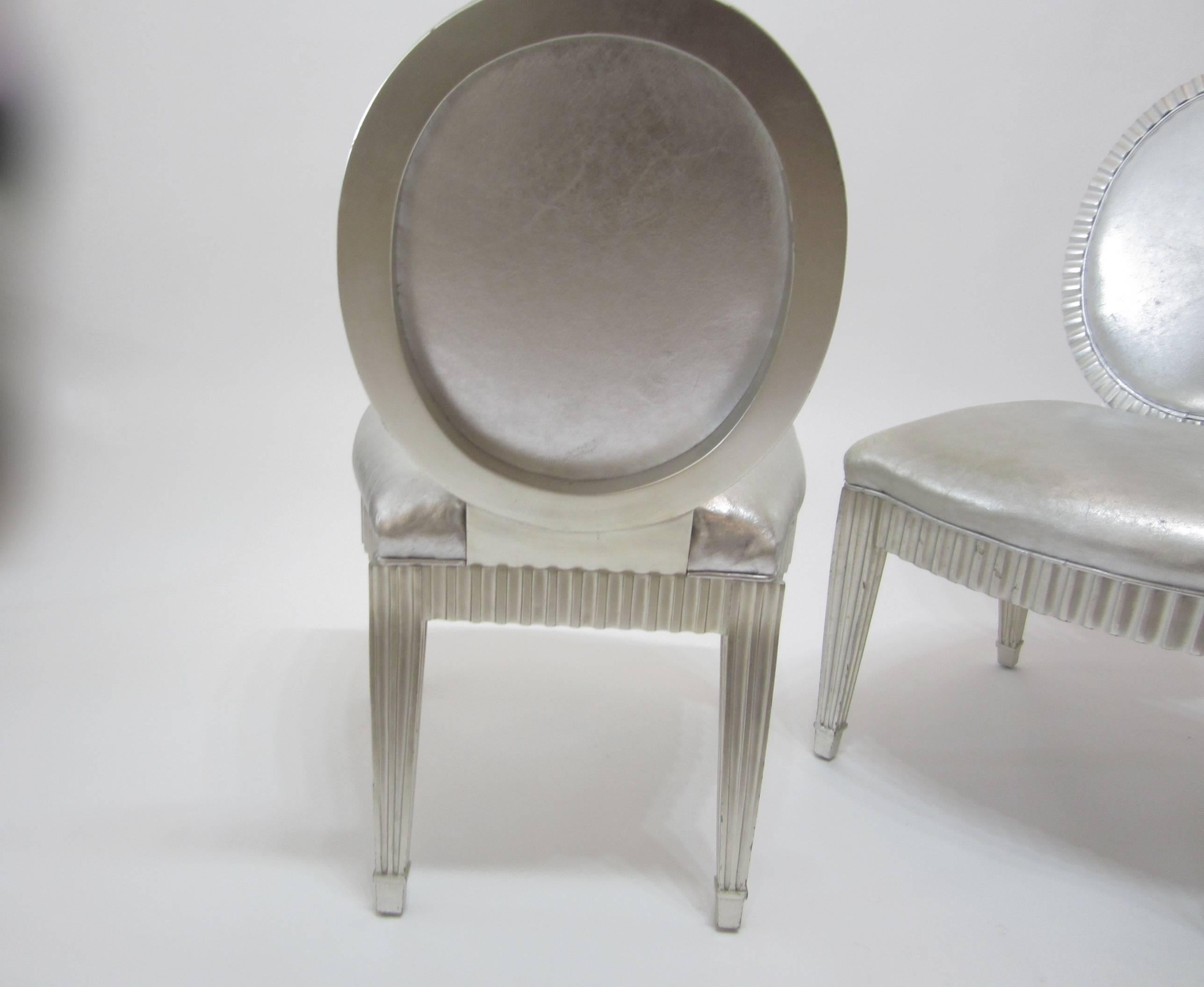 Pair of Silver Leaf and Silver Metallic Leather Neoclassical Chairs by Donghia 3