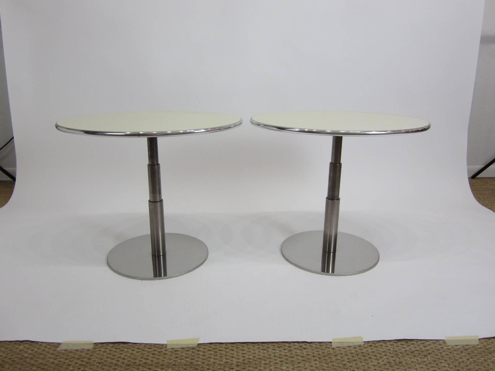 Industrial Pair of Oval-Top Three-Height-Positioning Steel and Laminate Side Tables For Sale