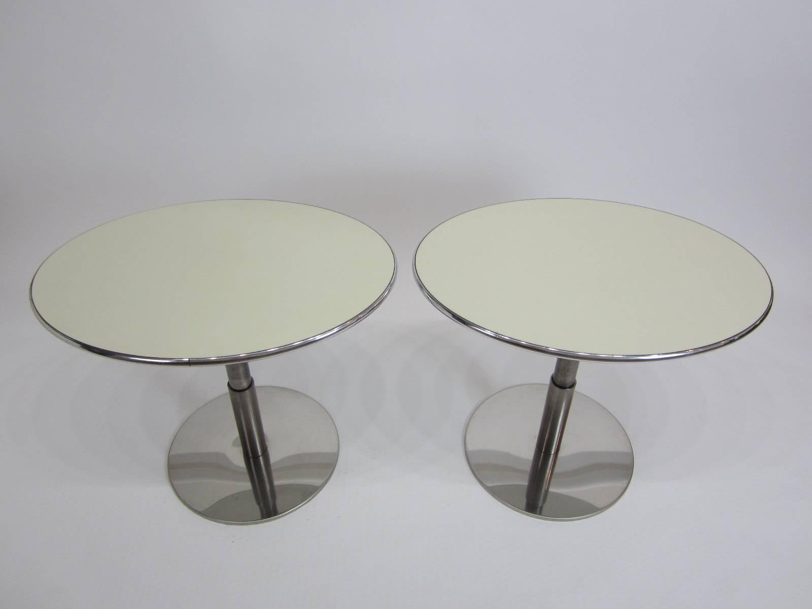 American Pair of Oval-Top Three-Height-Positioning Steel and Laminate Side Tables For Sale