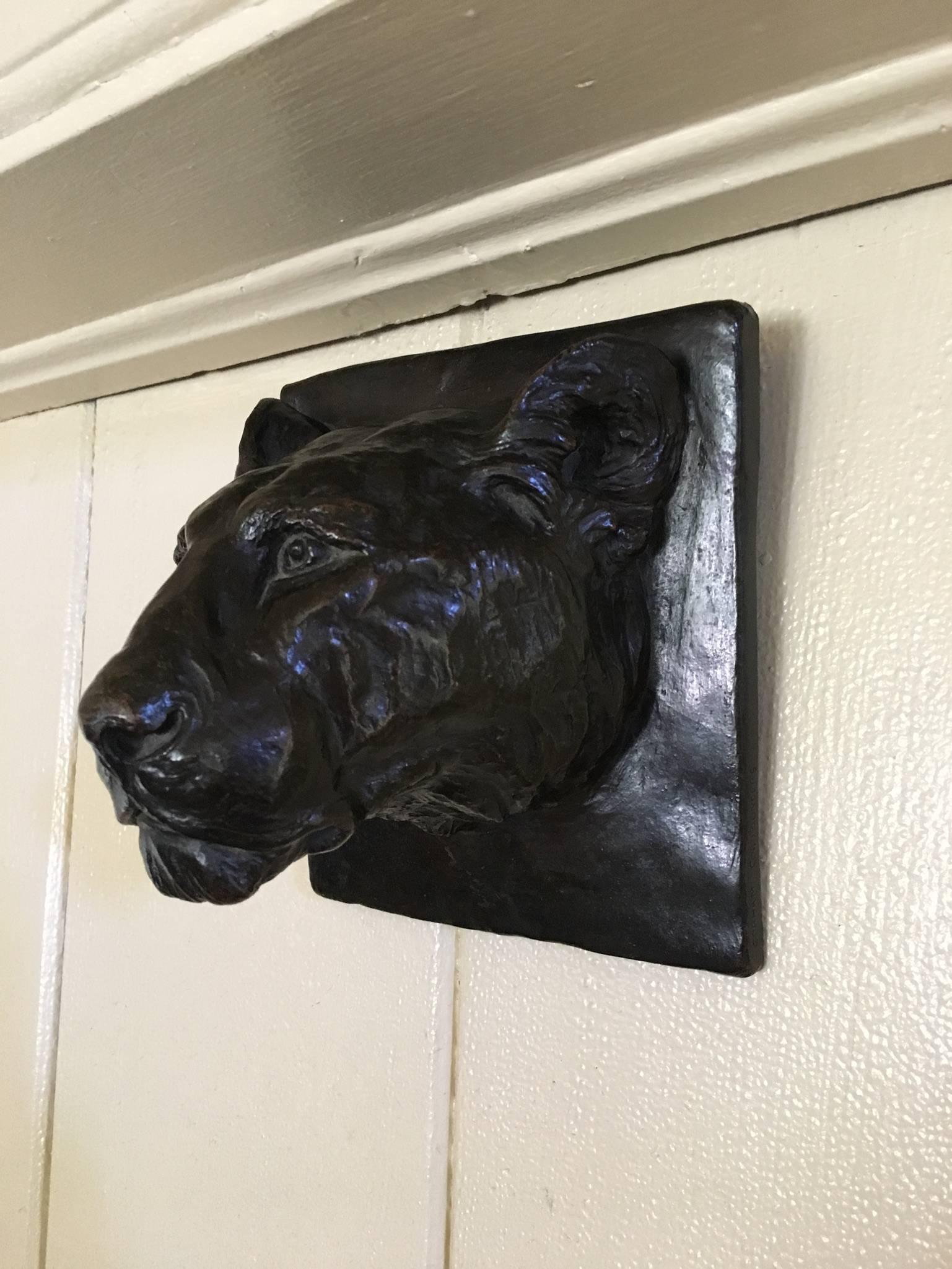 Immensely beautiful solid bronze handmade wall sculpture of a panther head. Purchased at Christies in 1980, this sculpture has been with only two families before now. Perfectly inscribed signature by the artist Margaret Helen Wiechmann in 1910 and