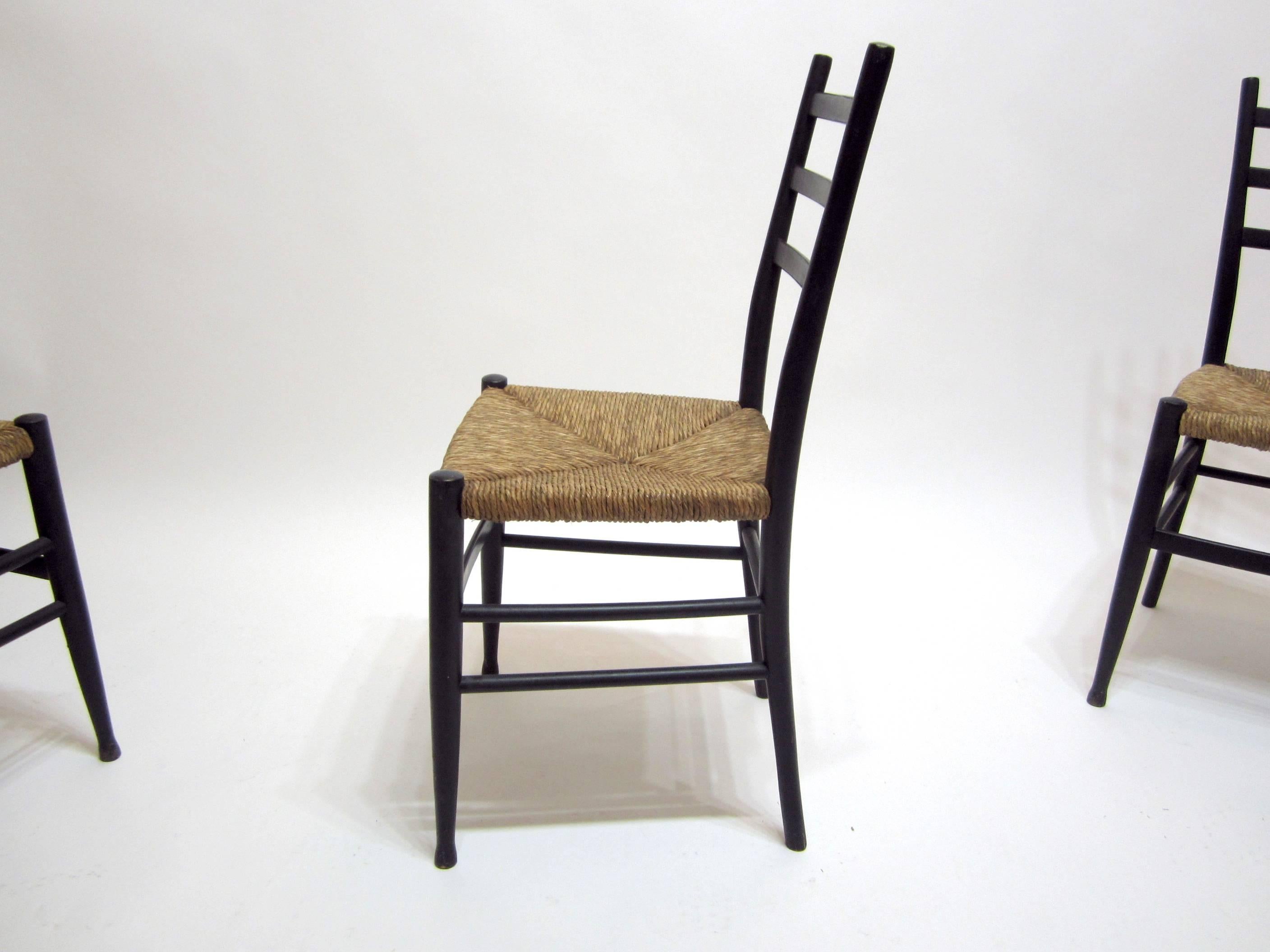 Mid-Century Modern Italian Wood and Rush Seat Ladder-Back Chairs, Four For Sale