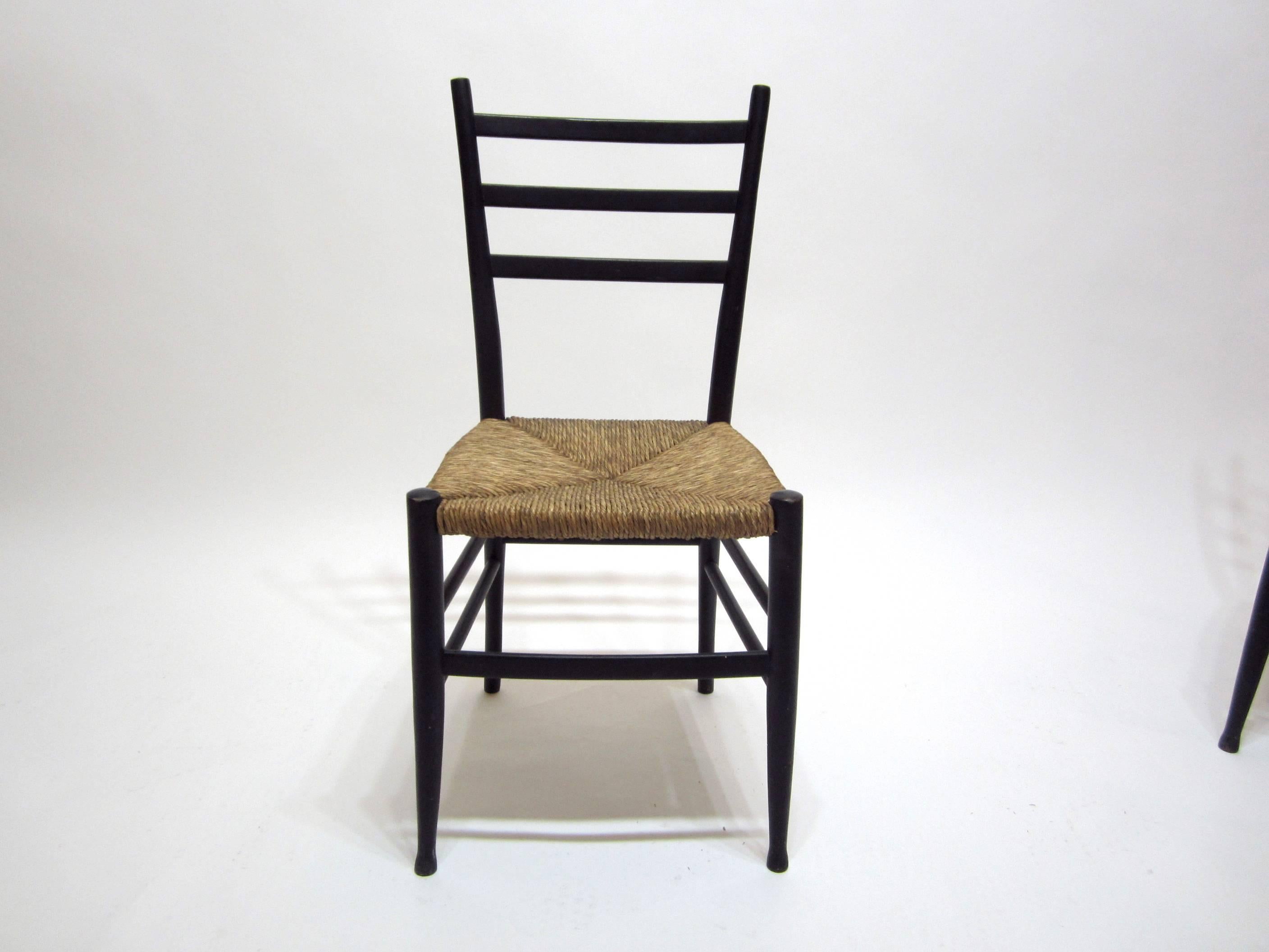 Painted Italian Wood and Rush Seat Ladder-Back Chairs, Four For Sale
