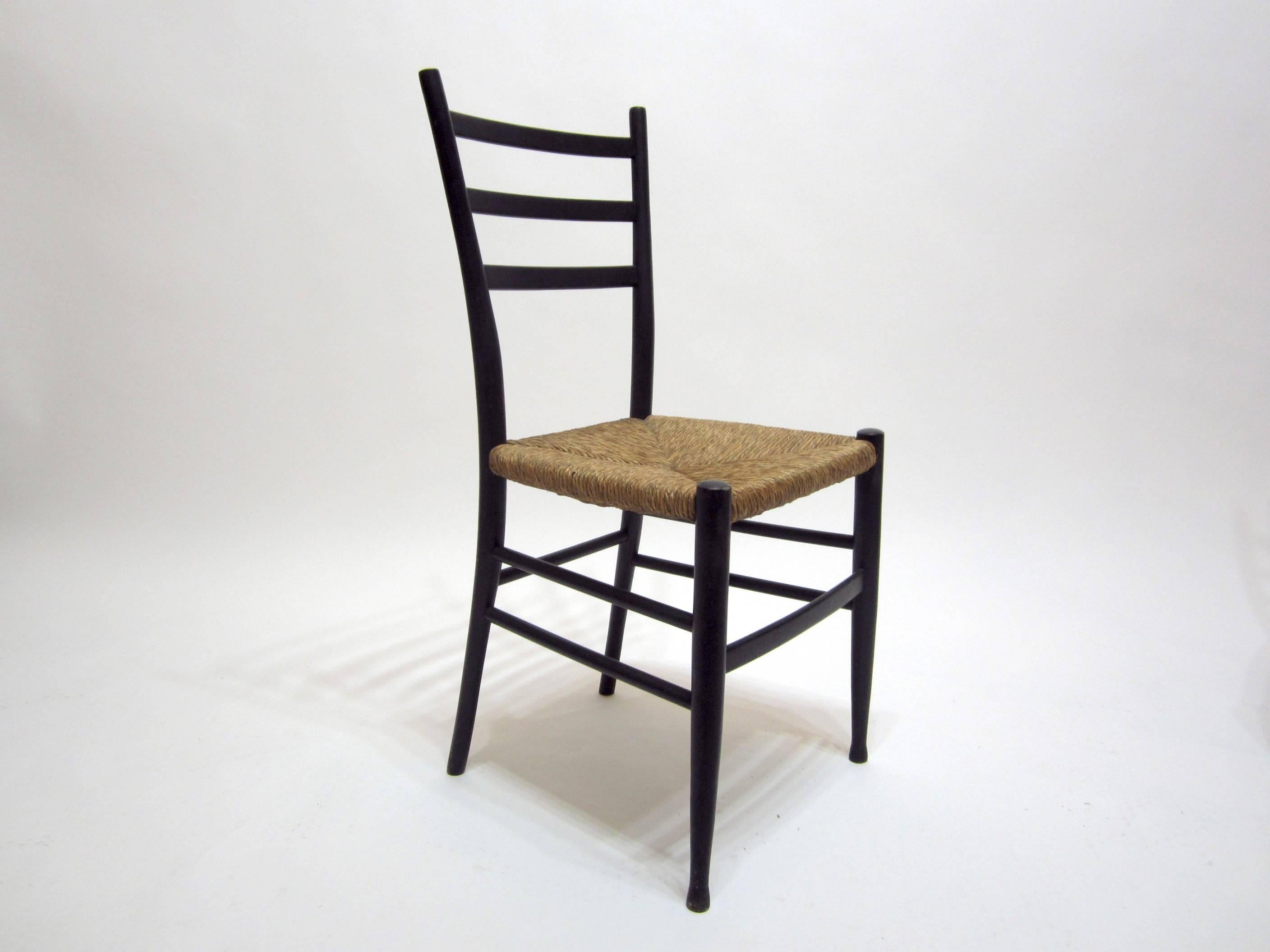 Italian Wood and Rush Seat Ladder-Back Chairs, Four In Excellent Condition For Sale In Miami, FL