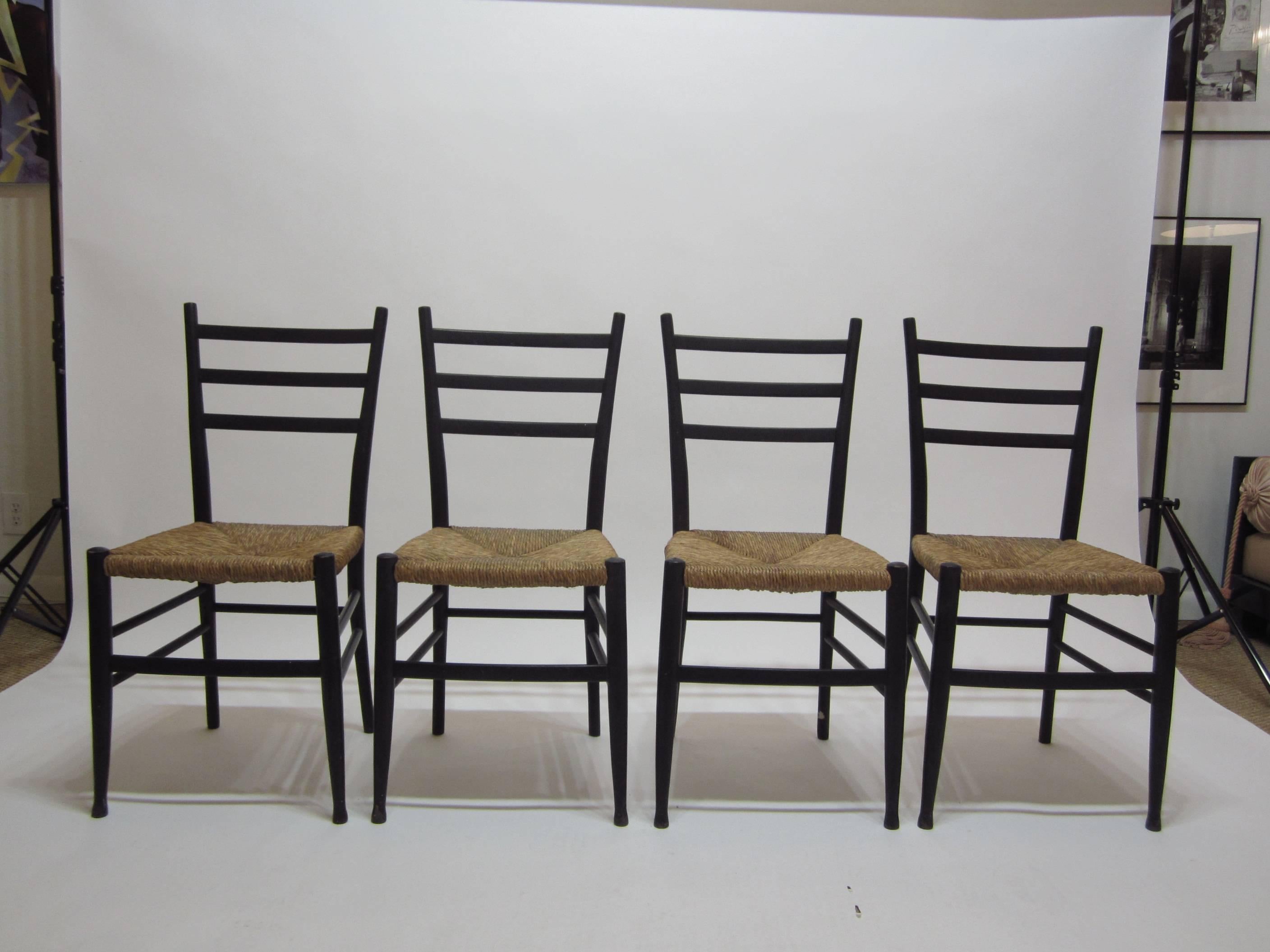 Italian Wood and Rush Seat Ladder-Back Chairs, Four For Sale 3