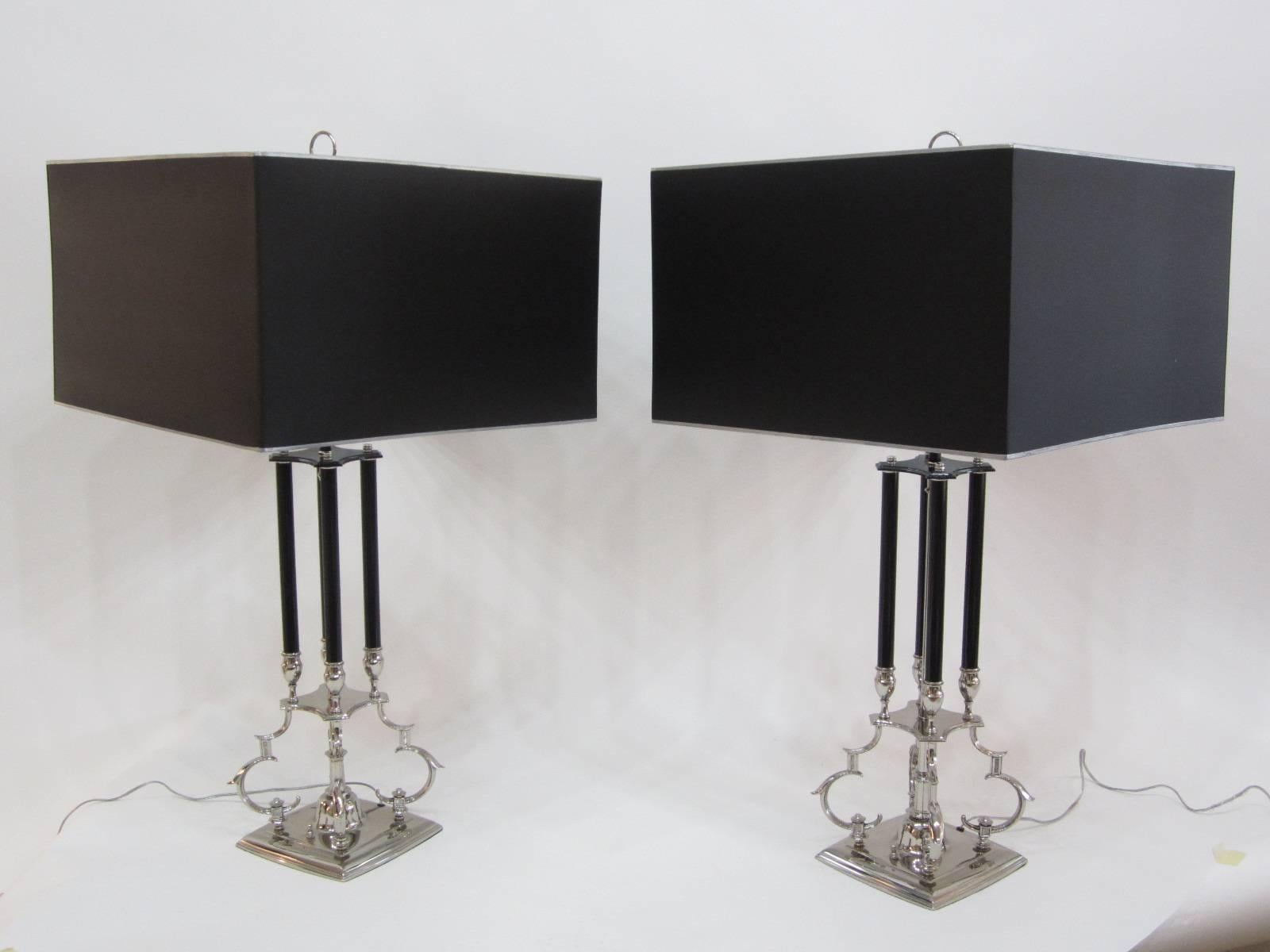 Hollywood Regency Pair of 1950s Metal Lamps with Impressive Black and Silver Shades