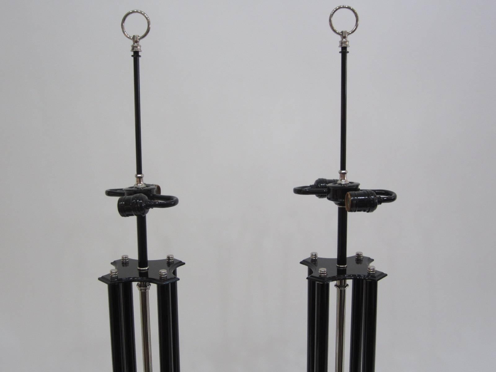 Painted Pair of 1950s Metal Lamps with Impressive Black and Silver Shades