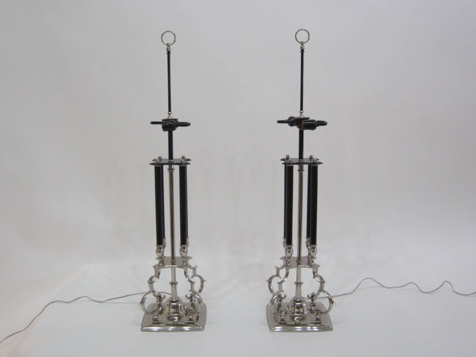 Pair of 1950s Metal Lamps with Impressive Black and Silver Shades In Good Condition In Miami, FL