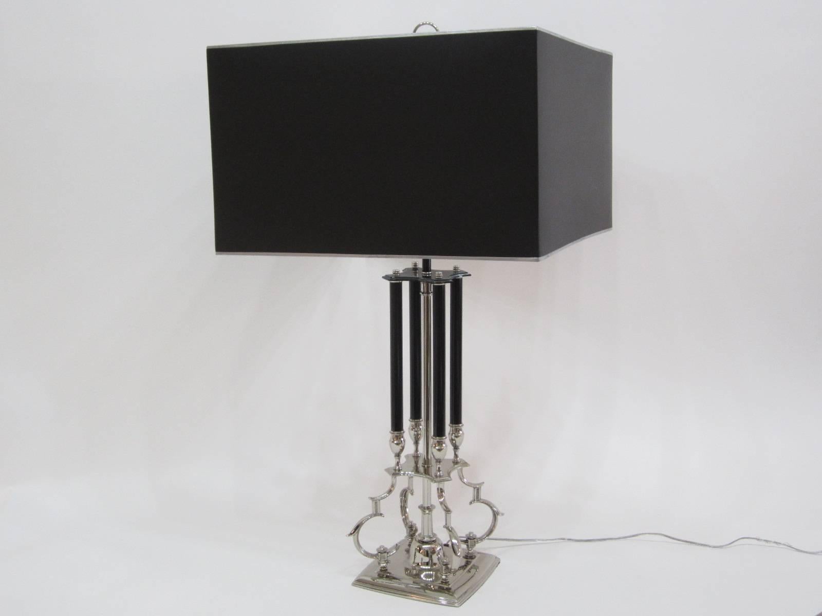 Pair of 1950s Metal Lamps with Impressive Black and Silver Shades 2