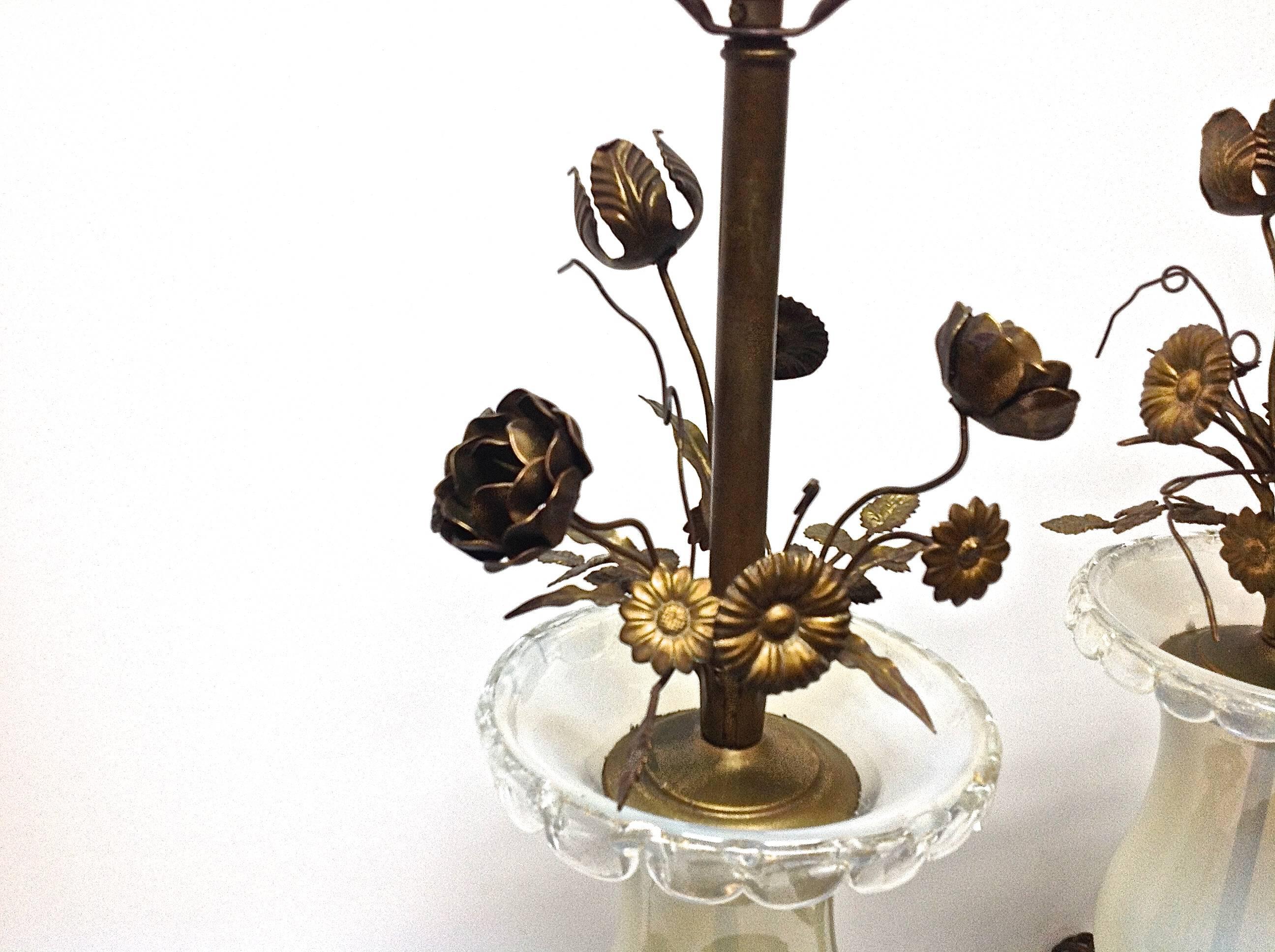 Italian Pair of Handblown Original Murano Glass Lamps with Brass Flowers
