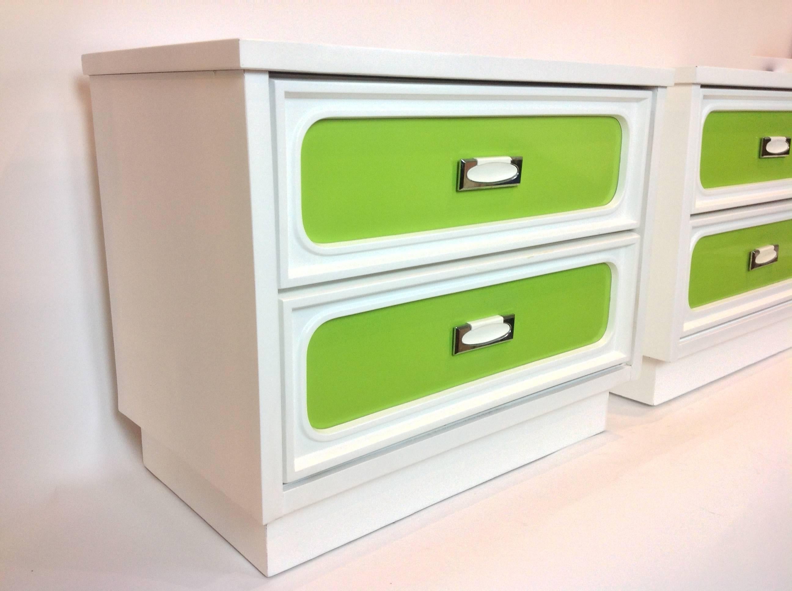 American Pair of Side Tables with Color Panel Drawers For Sale