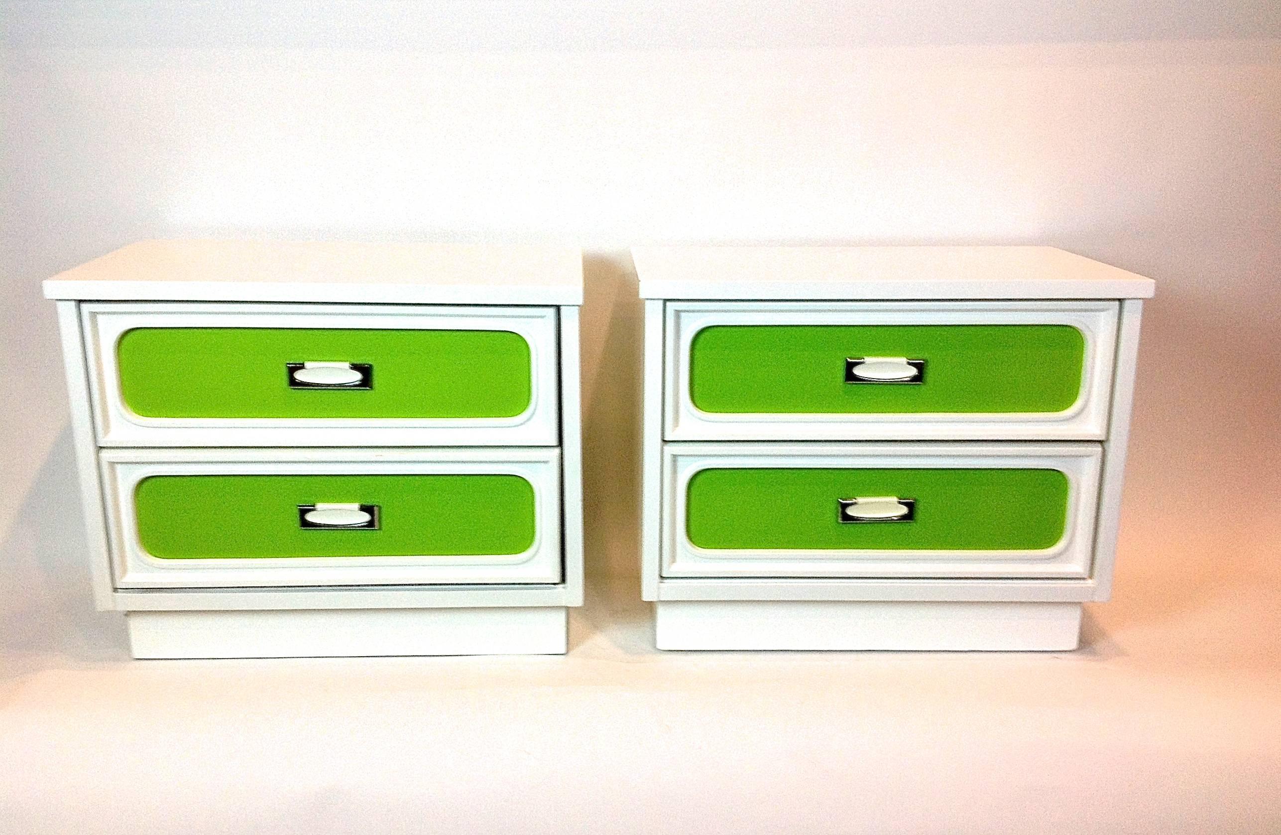 Late 20th Century Pair of Side Tables with Color Panel Drawers For Sale