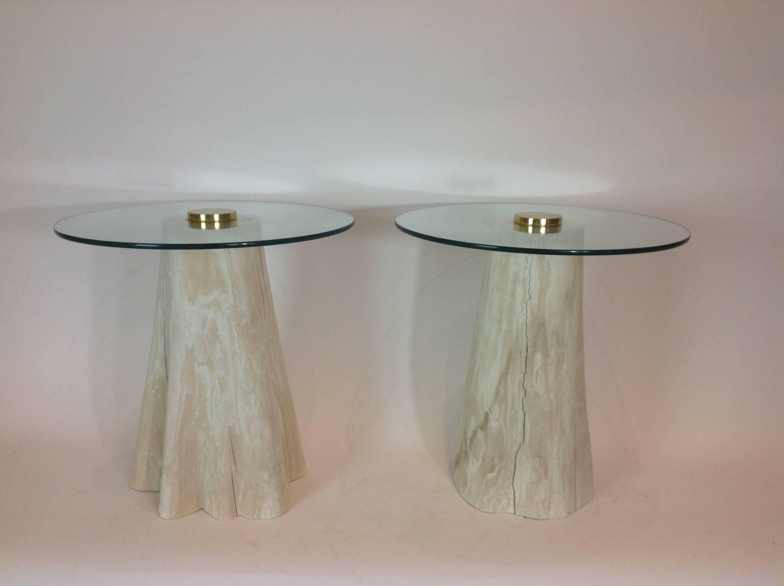 American Pair of Cerused Tree Trunk Glass Top Side Tables