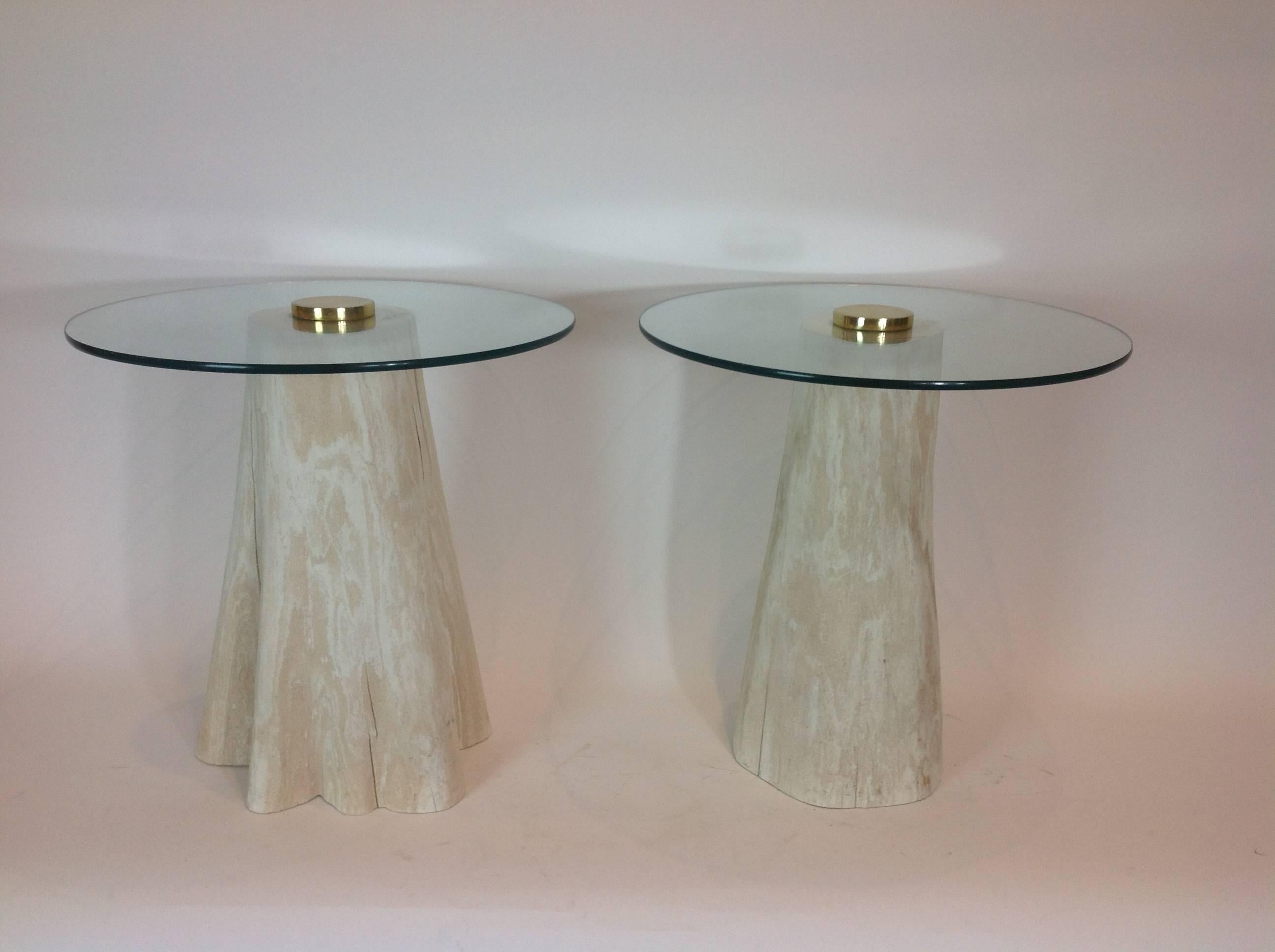 Pair of Cerused Tree Trunk Glass Top Side Tables In Good Condition In Miami, FL