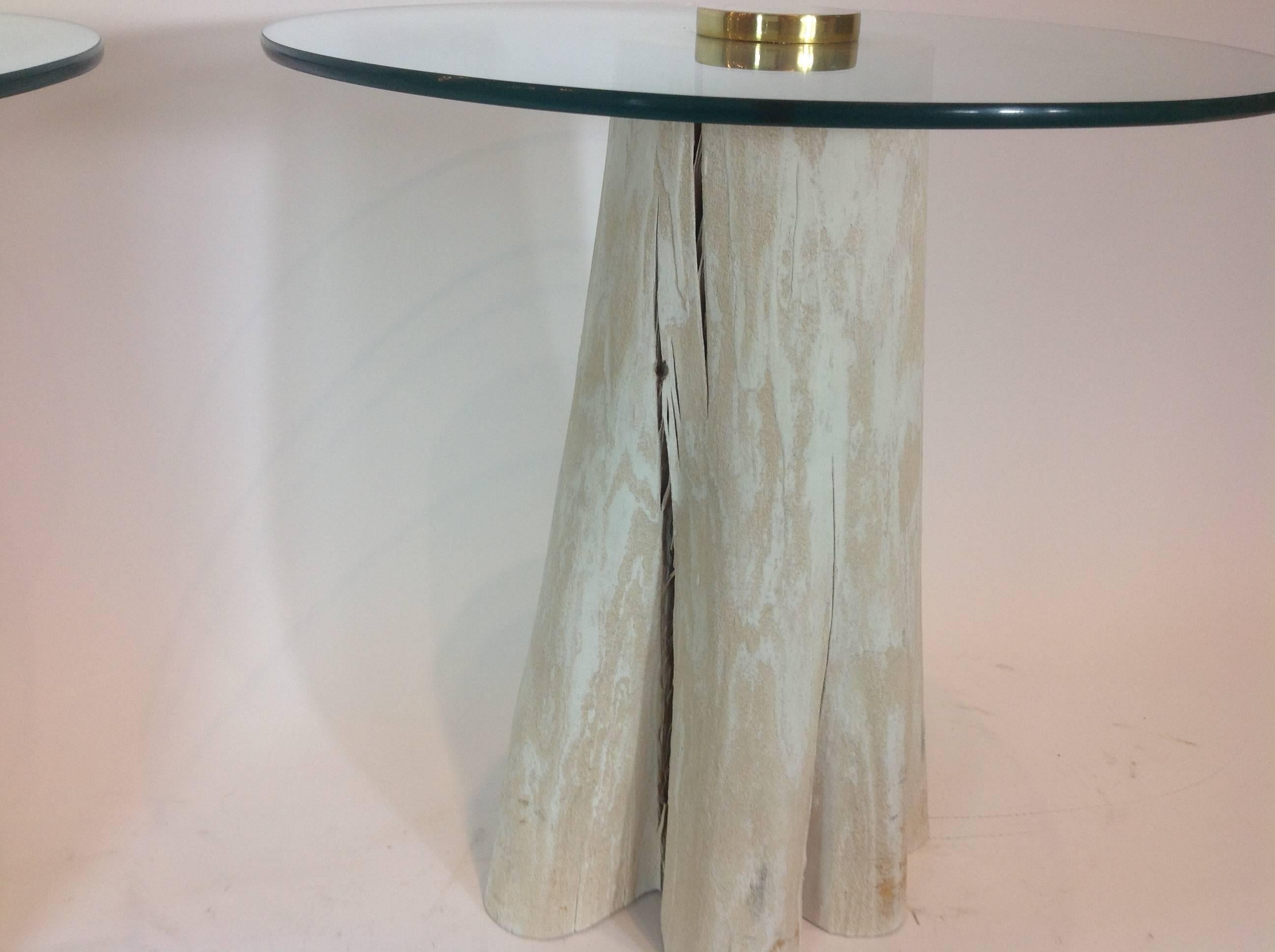 Late 20th Century Pair of Cerused Tree Trunk Glass Top Side Tables