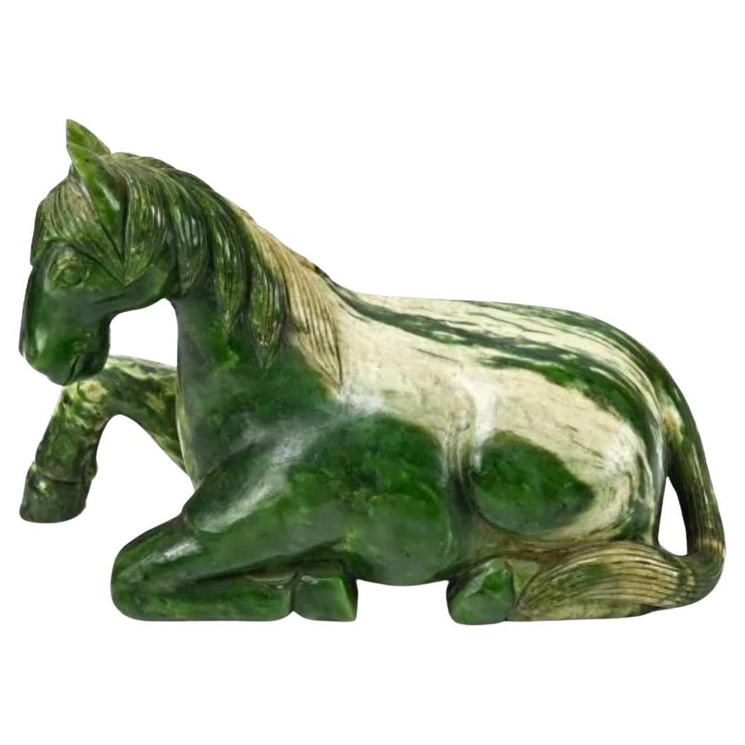 Monumental Chinese Spinach Jade Recumbent Tang Horse Rocky Variations 20th Cent. For Sale