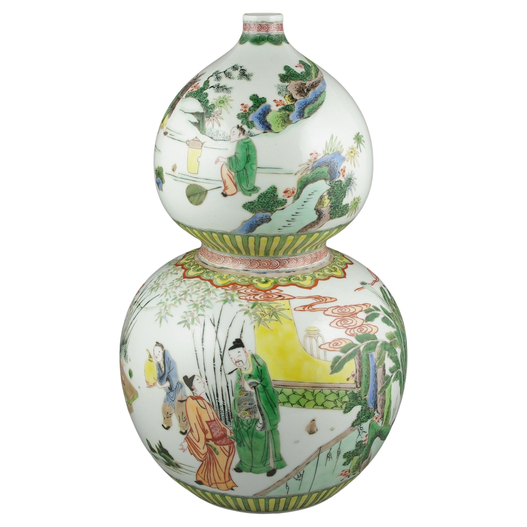 Grand vase double gourde en porcelaine chinoise ancienne Famille Rose Fencai, 19e siècle Qing