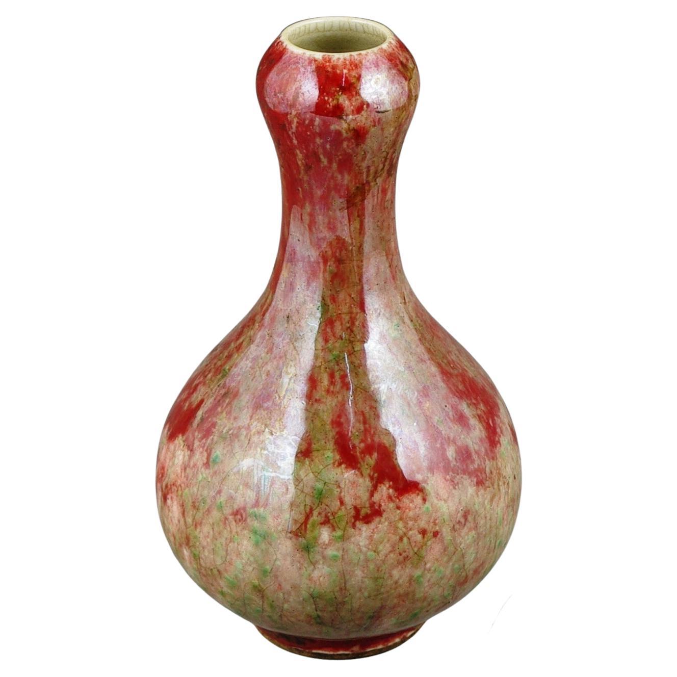 Feine chinesische Porzellanvase ROC 20c Pfirsich Bloom Flambe Garlic Mouth Bottle Vase