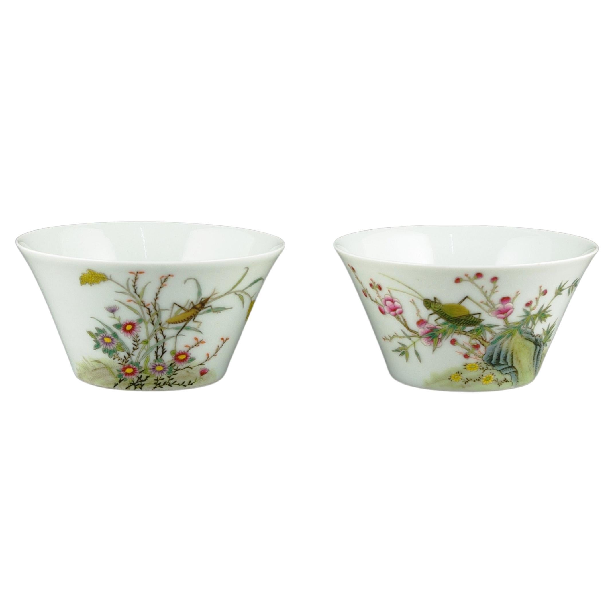 Chinese Porcelain Tea Cups Falangcai Enamel Insects Flowers Shende Tang 19c-20c For Sale