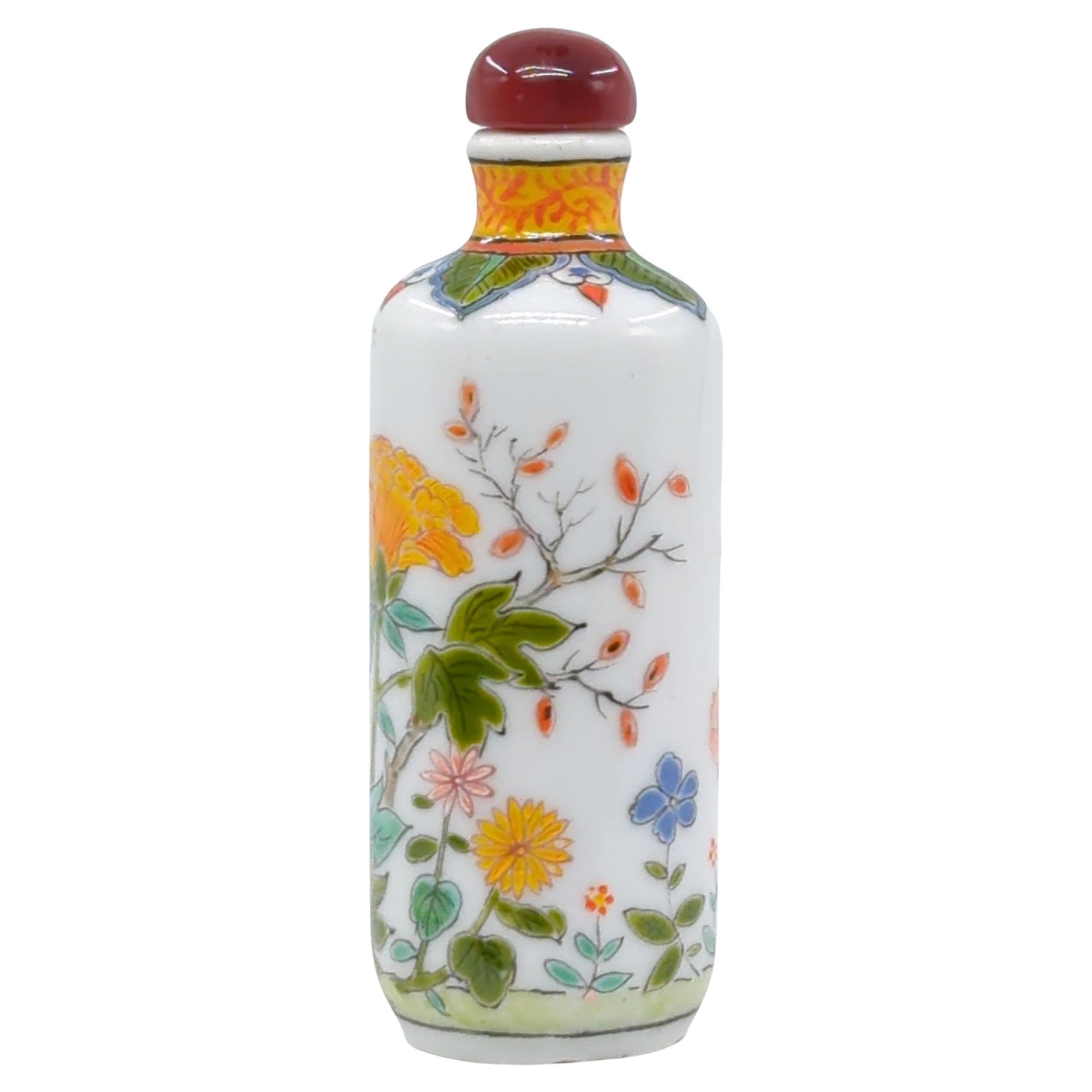 Vintage Chinese Porcelain Famille Rose Snuff Bottle Birds Blossoms Late 20c For Sale