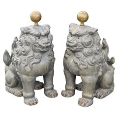 Antique Pair Chinese Pewter Guardian Foo Lions Hong Kong NG AN Signed Mid 20c