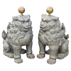 Vintage Pair Chinese Pewter Guardian Foo Lions Hong Kong NG AN Signed Mid 20c