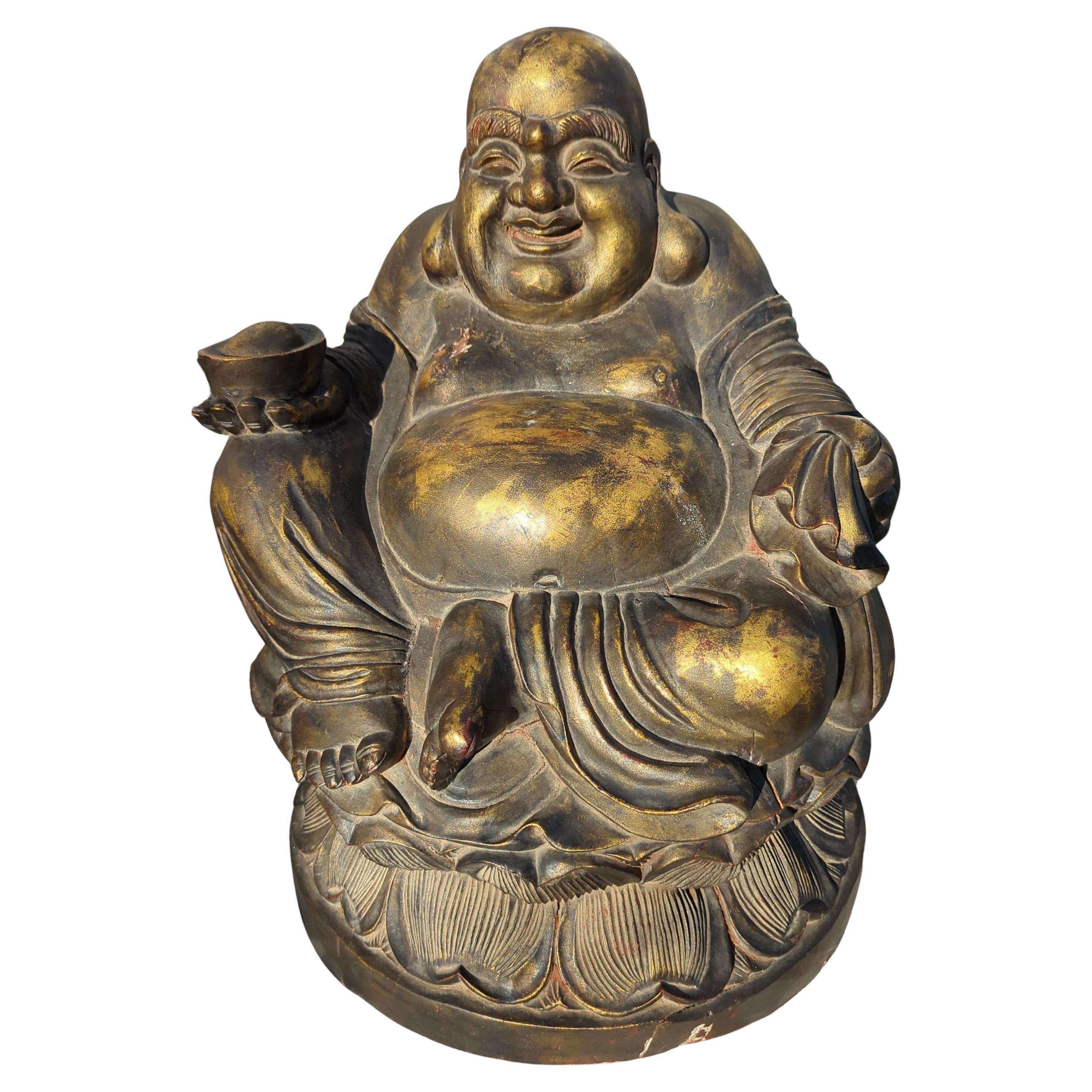 Monumental 23" Antique Chinese Gilt Wood Budai Hotai Buddha On Lotus Seat c.1940