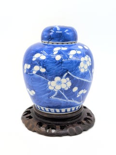 Late Qing Chinese Blue and White Prunus Ginger Jar with Hardwood Stand c.1900