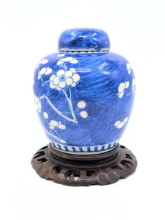 Late Qing Chinese Blue and White Prunus Ginger Jar with Hardwood Stand c.1900