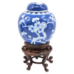 Small Chinese Blue and White Prunus Ginger Jar Hardwood Stand RoC circa 1910-30