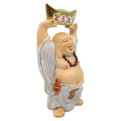 Mid-Century Chinese Shiwan Pottery Budai Laughing Buddha Figure Gold Ingot c1950