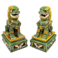 Pair of Chinese Sancai Glazed Pottery Guardian Lions on Pierced Bases RoC c.1920