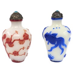 Pair Chinese Carved Overlay Glass Snuff Bottles Late Qing Early ROC circa 1900