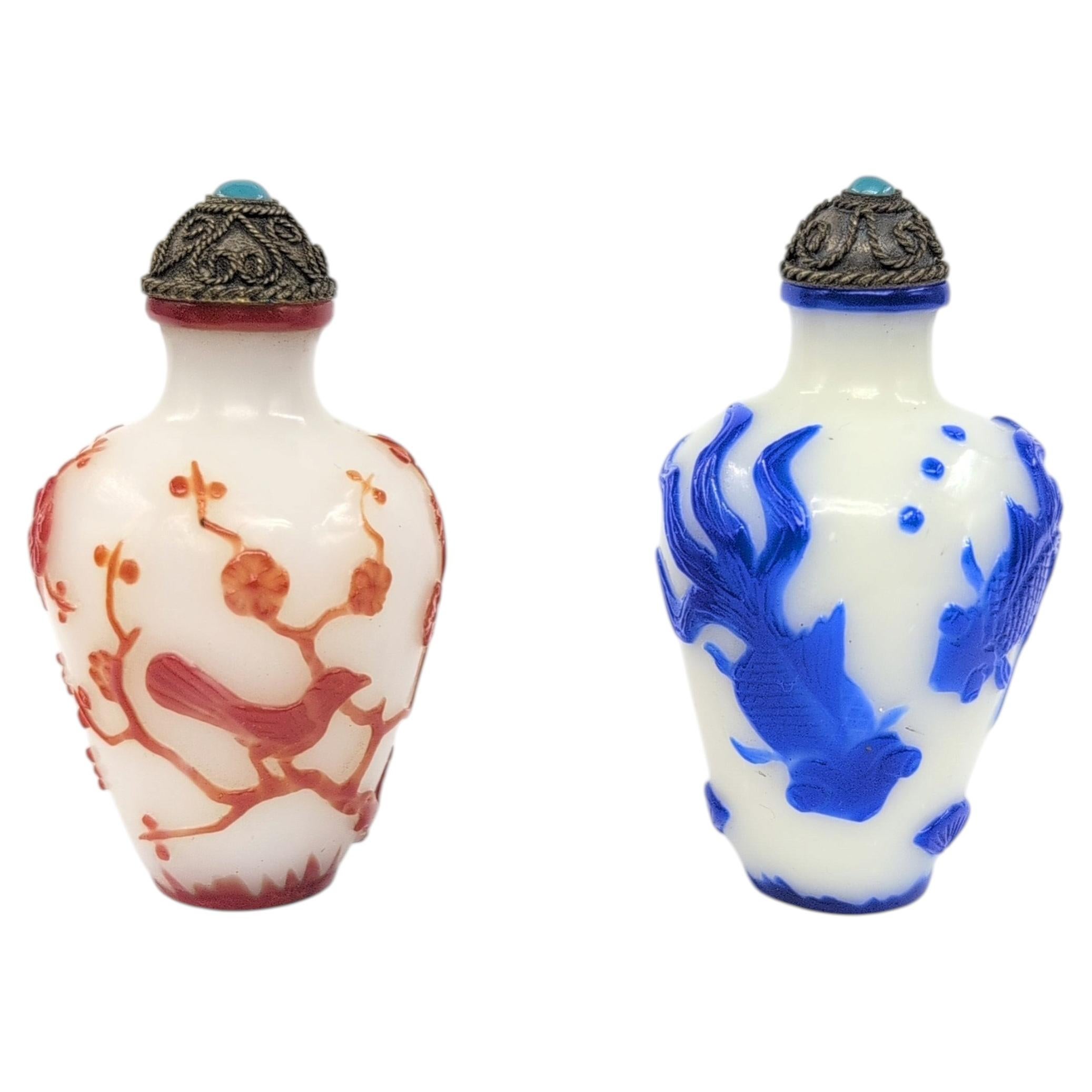 Pair Chinese Carved Overlay Glass Snuff Bottles Late Qing Early ROC circa 1900 For Sale