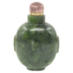 Antique Chinese Spinach Jade Snuff Bottle with Beast-Mask Ring Handles, Qing 19c