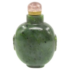 Antique Chinese Spinach Jade Snuff Bottle with Beast-Mask Ring Handles, Qing 19c