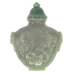Antique Chinese Celadon Jade Relief Mythical Beast Snuff Bottle Qing Late 19c