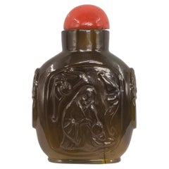 Antique Chinese Carved Smoky Agate Immortals Snuff Bottle, Qing 19C