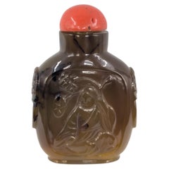 Antique Chinese Carved Smoky Agate Immortals Snuff Bottle, Qing 19C